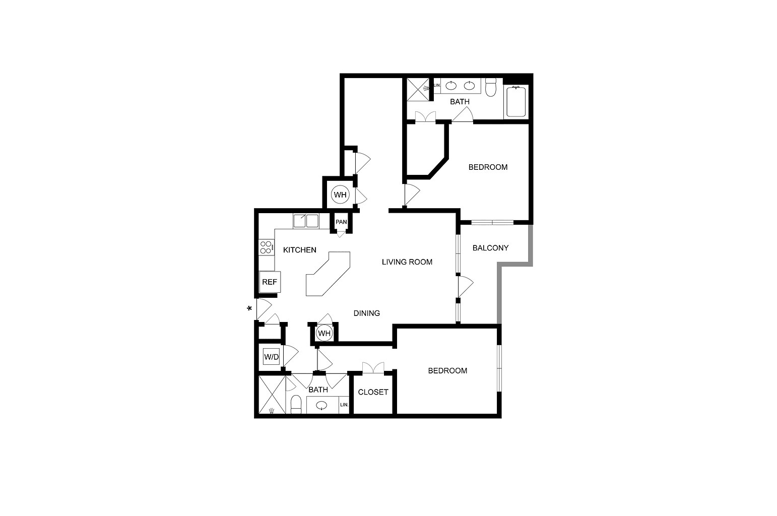 2-bedroom floor plan featuring a spacious kitchen, open living room, and lovely balcony.