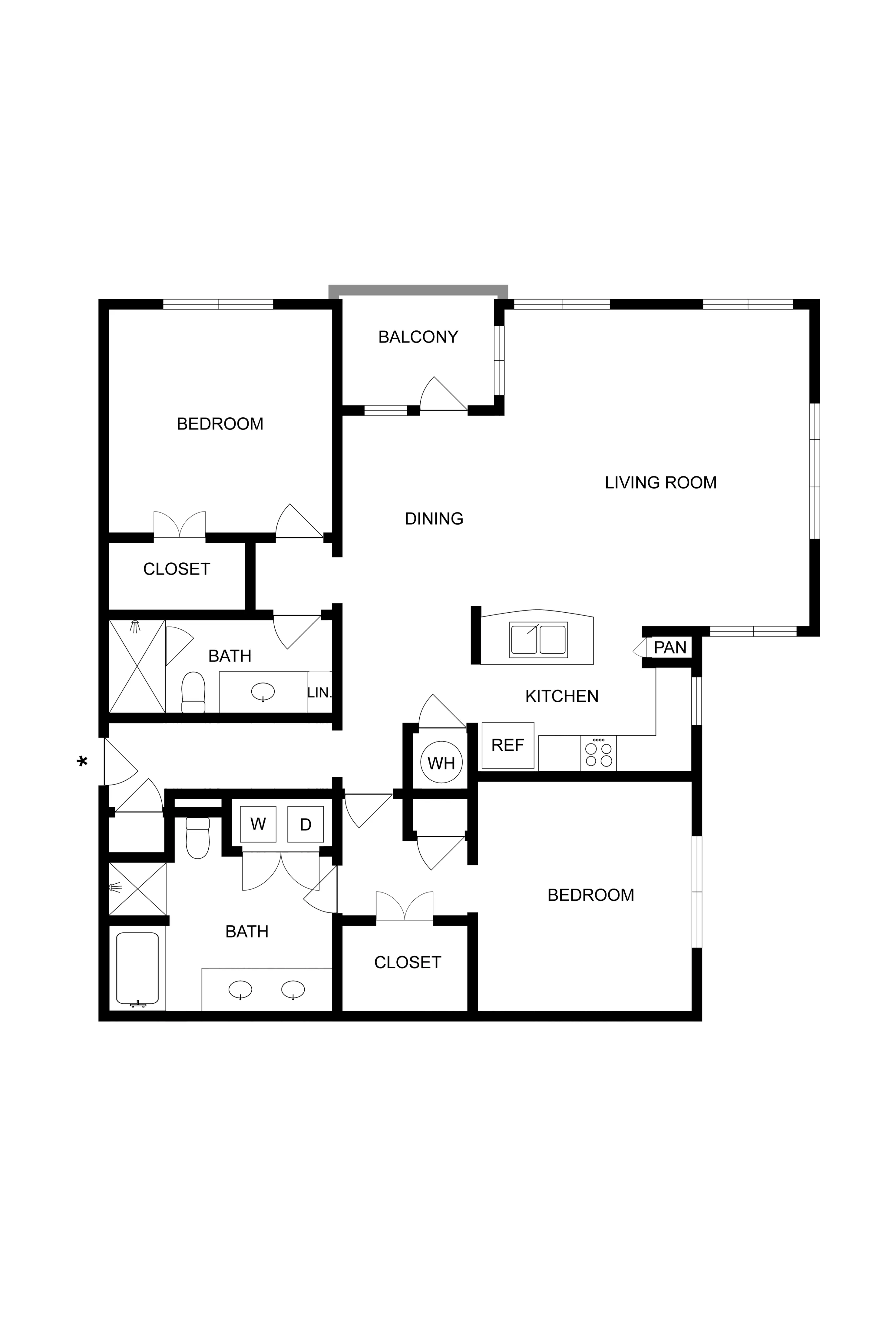 Chic 2D floor plan with 2 bedrooms, open living area, kitchen, and balcony.