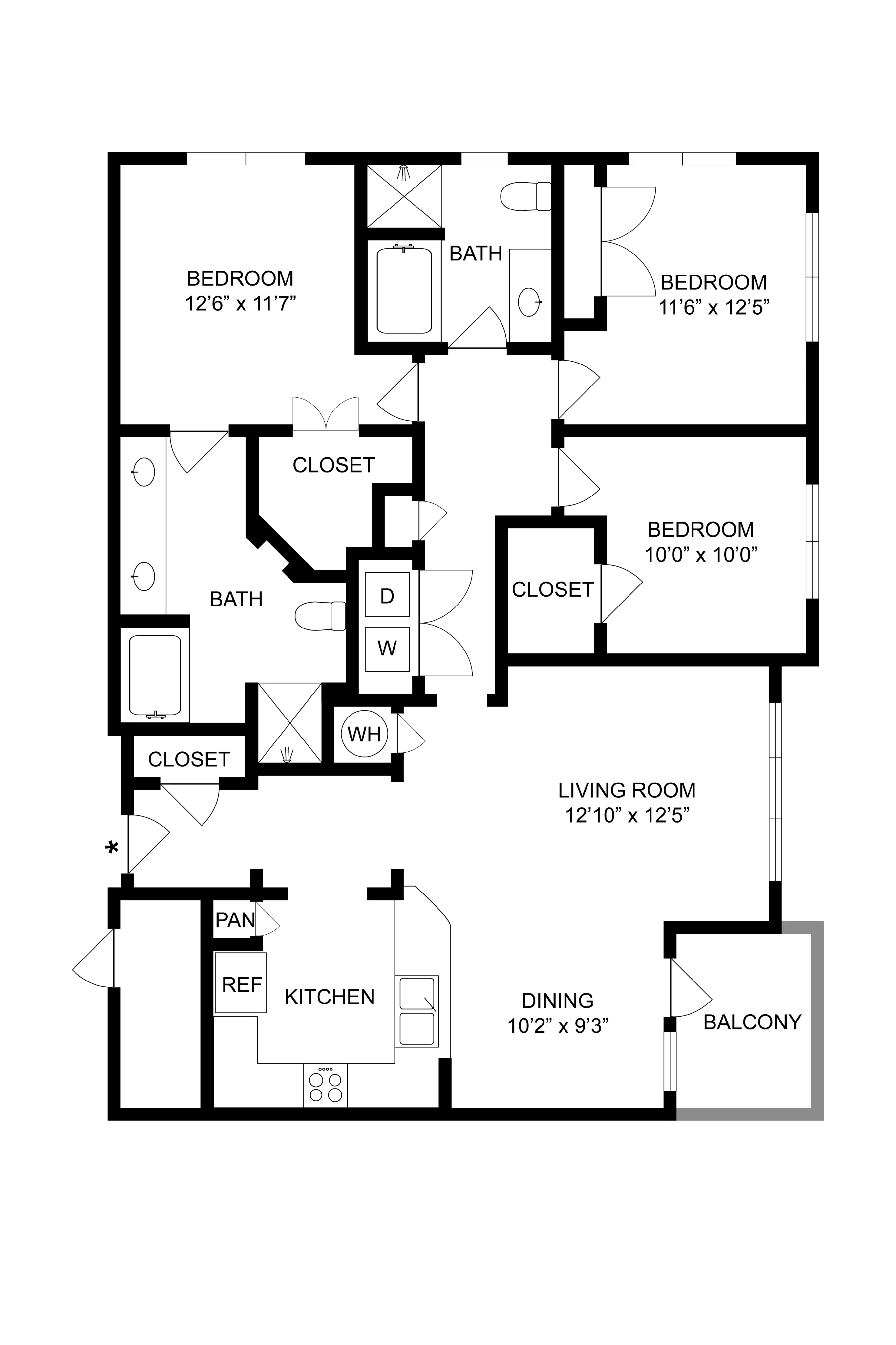 Comprehensive 2D floor plan showing 3 bedrooms, 2 bathrooms, open kitchen, dining area, living room, and balcony.