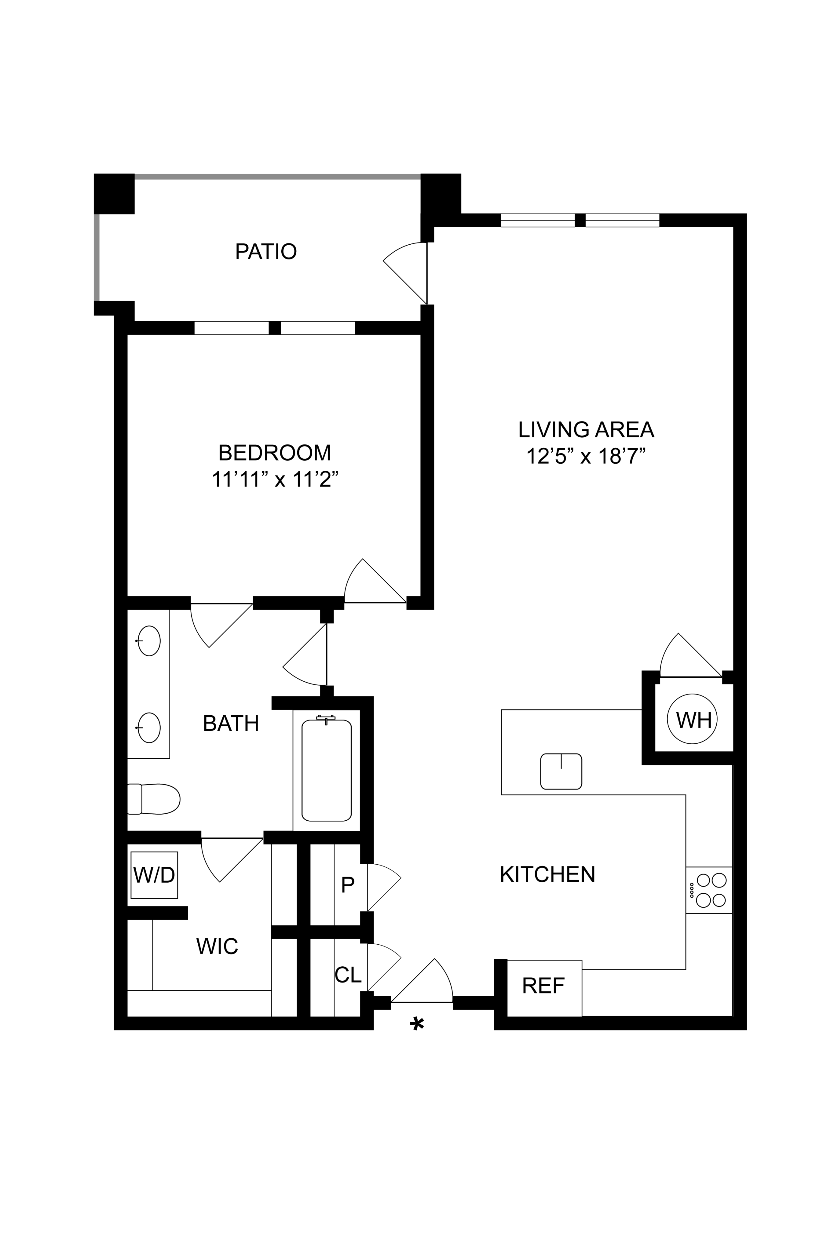 Elegant floor plan of a one-bedroom apartment featuring an open living area, kitchen, and patio.