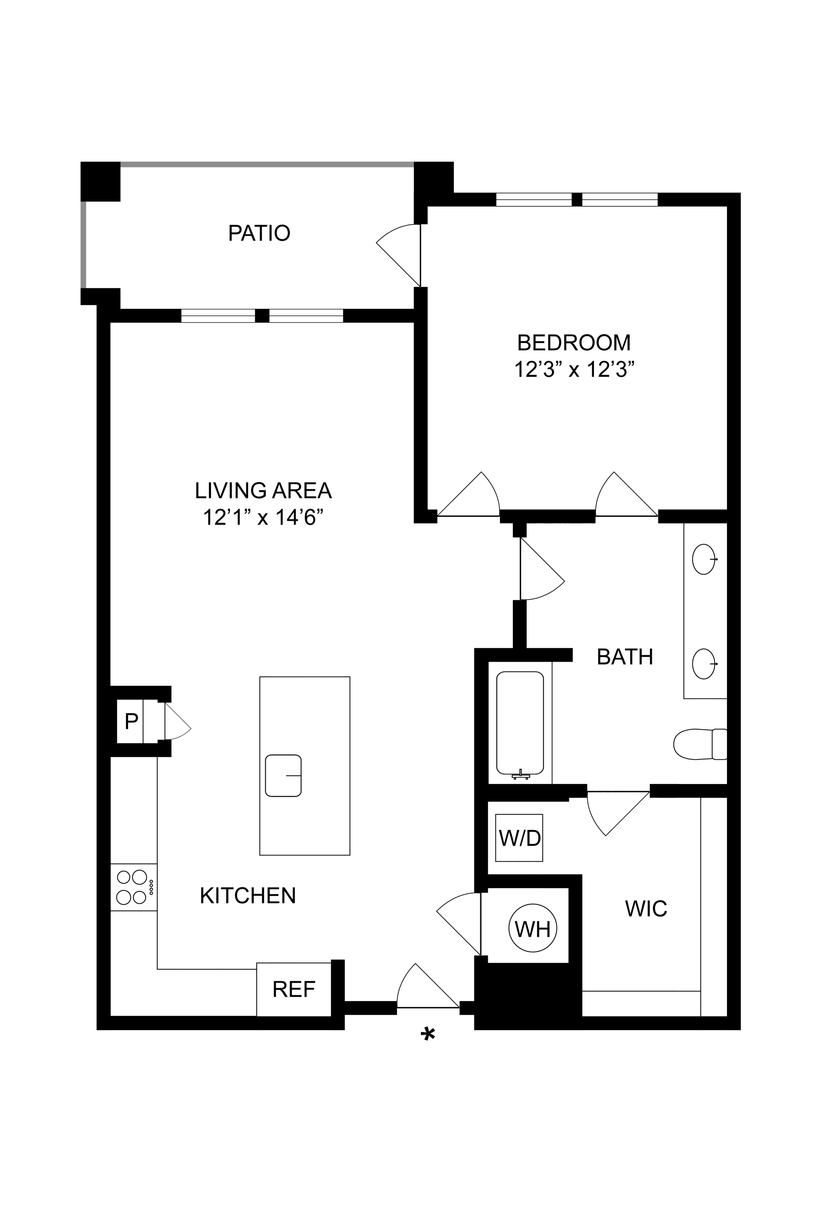 Chic floor plan with 1 bedroom, open living area, modern kitchen, and patio.