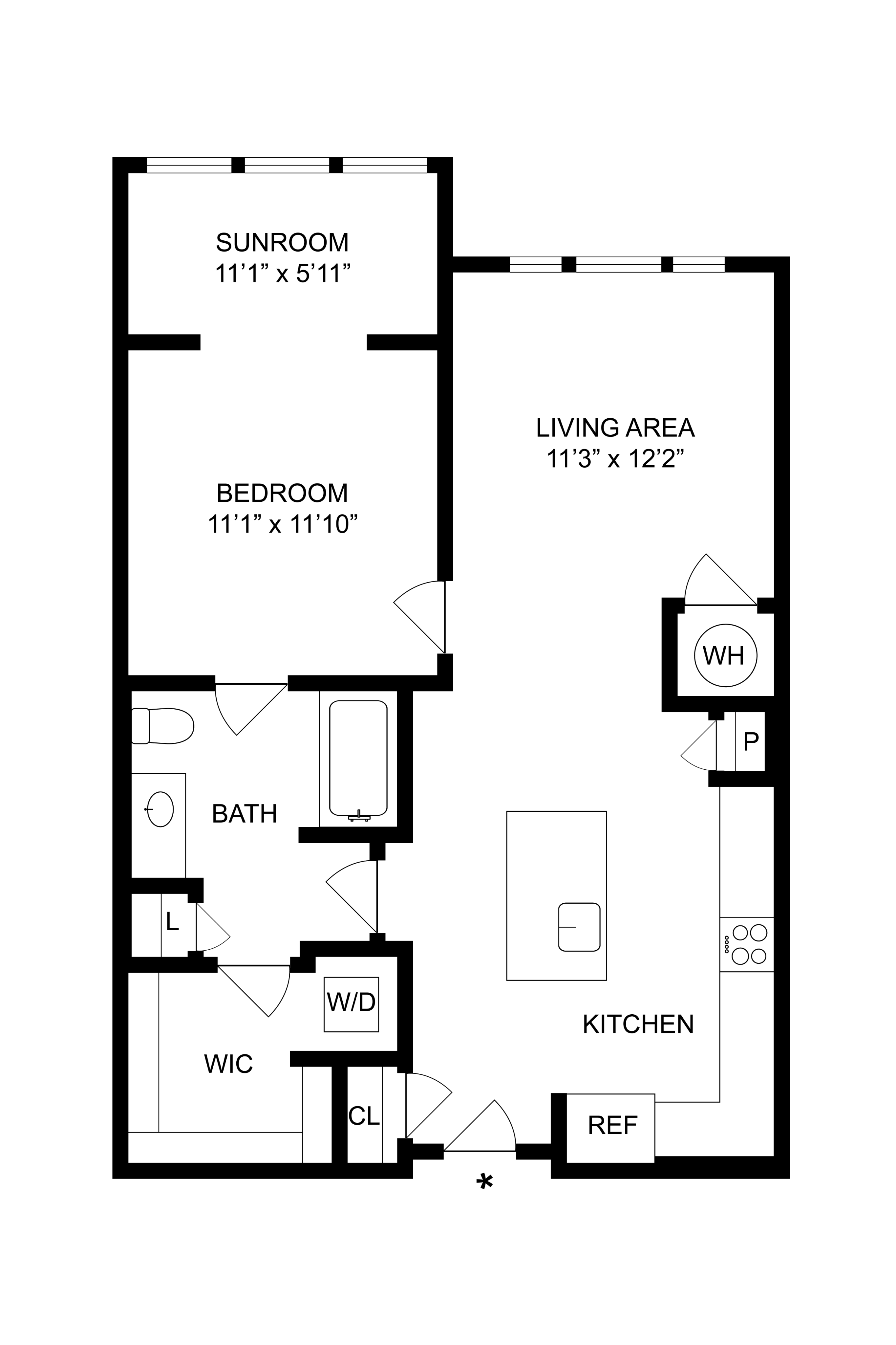 Detailed floor plan featuring a bedroom, sunroom, living area, kitchen, and bath.