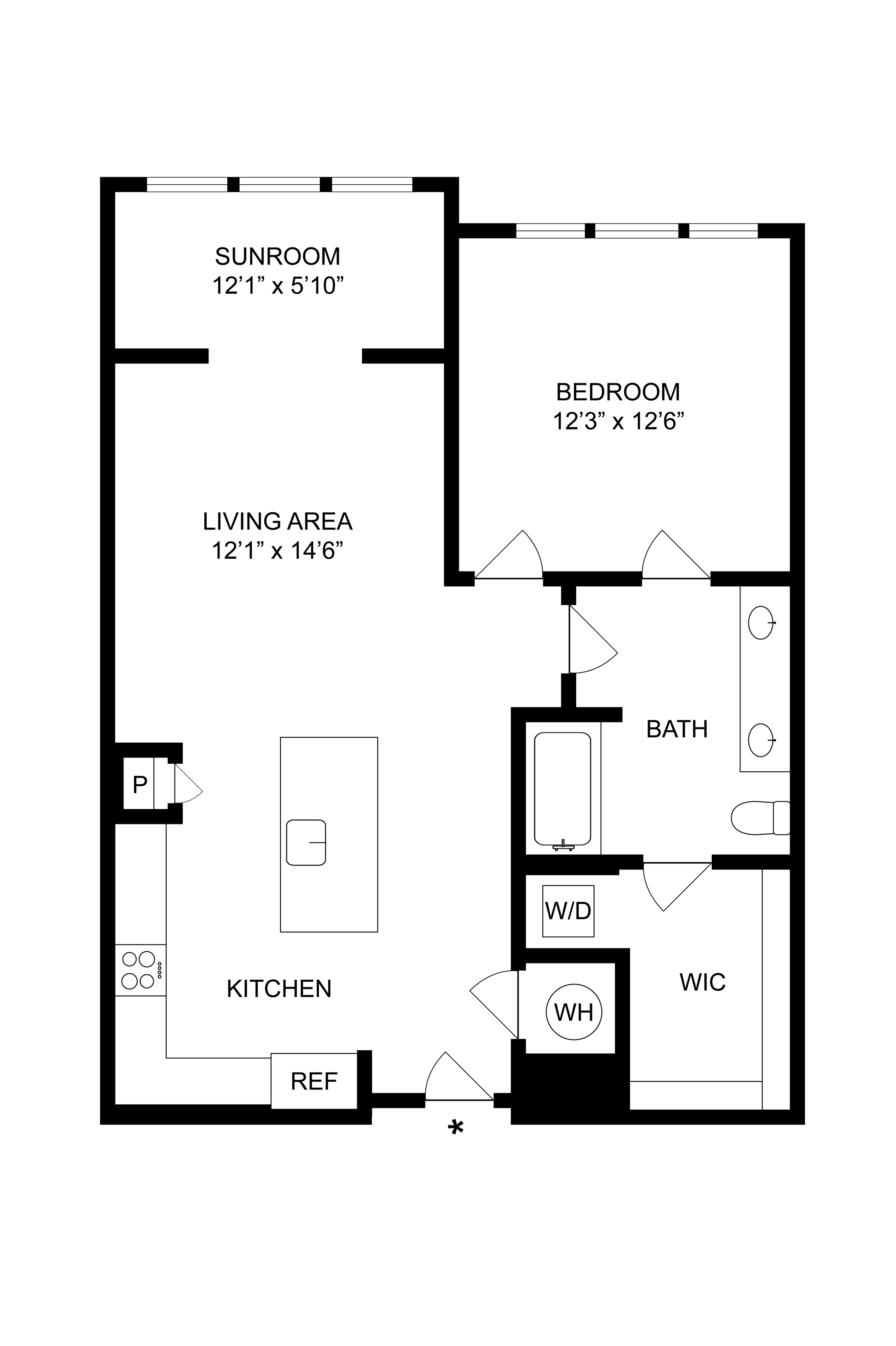 Stylish floor plan with one bedroom, sunroom, and open-concept living area featuring modern kitchen.