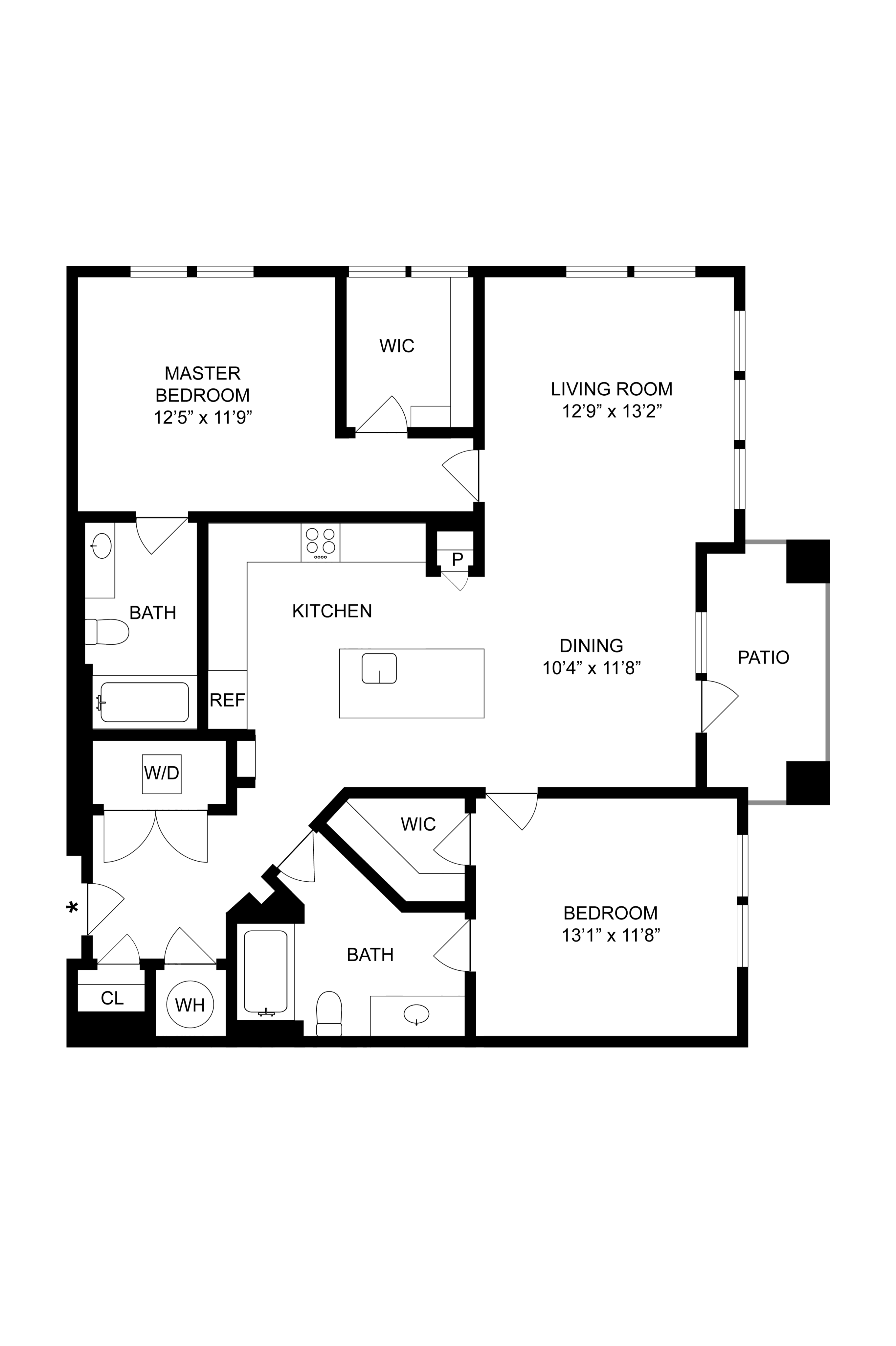 Detailed floor plan with a master bedroom, additional bedroom, two bathrooms, open kitchen, and living room with patio access.