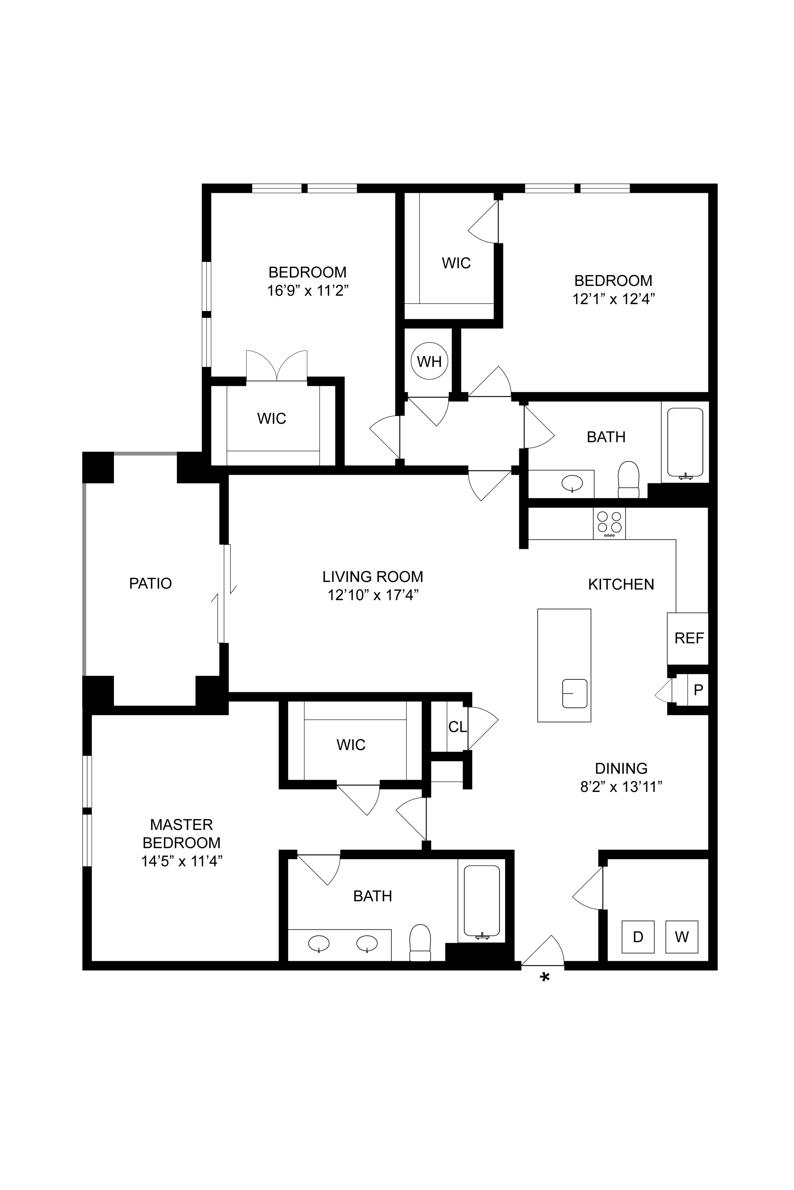 Contemporary floor plan with 3 bedrooms, open living space, modern kitchen and dining area, plus a patio.