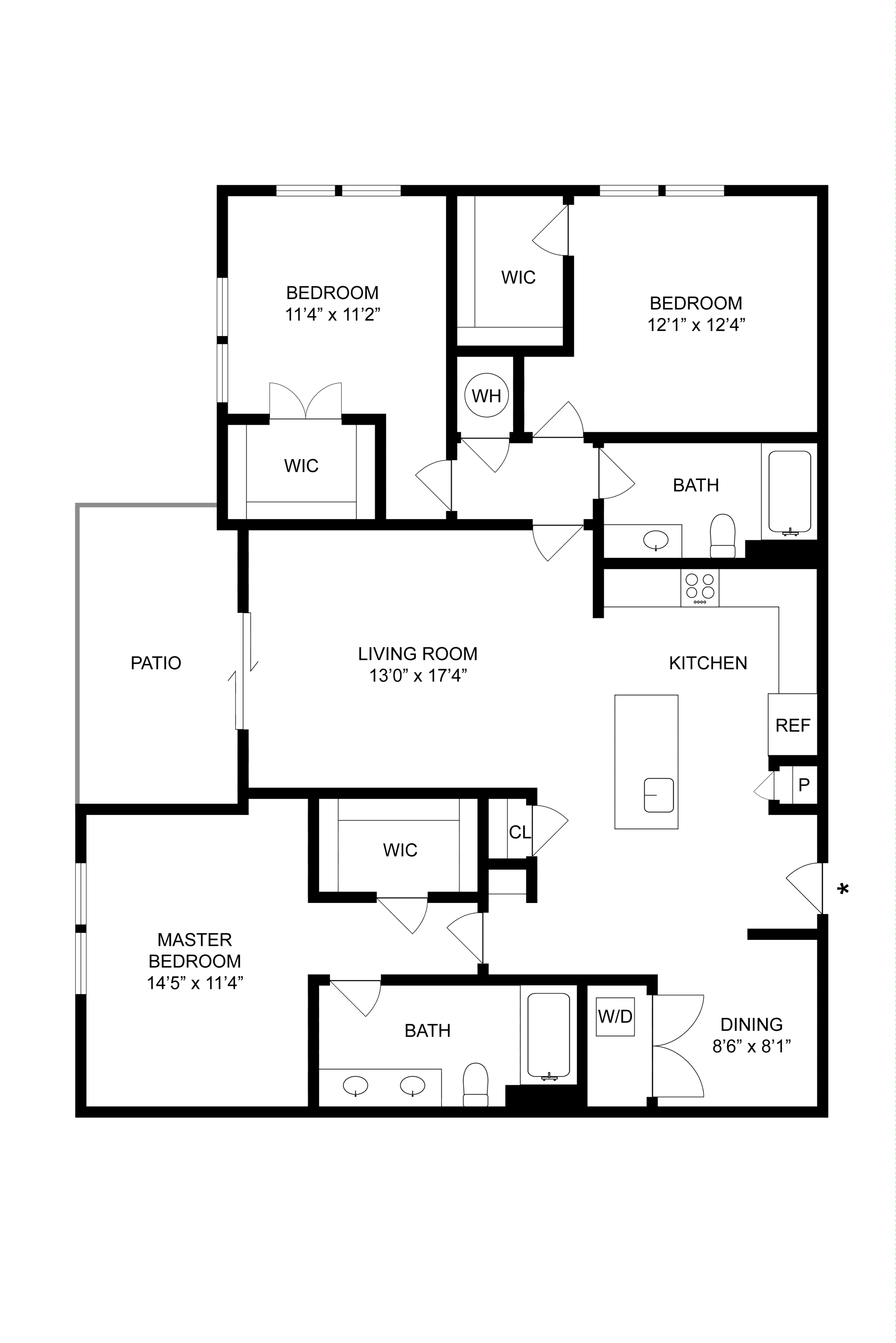 Elegant floor plan showcasing 3 bedrooms, open living room, kitchen, and patio.