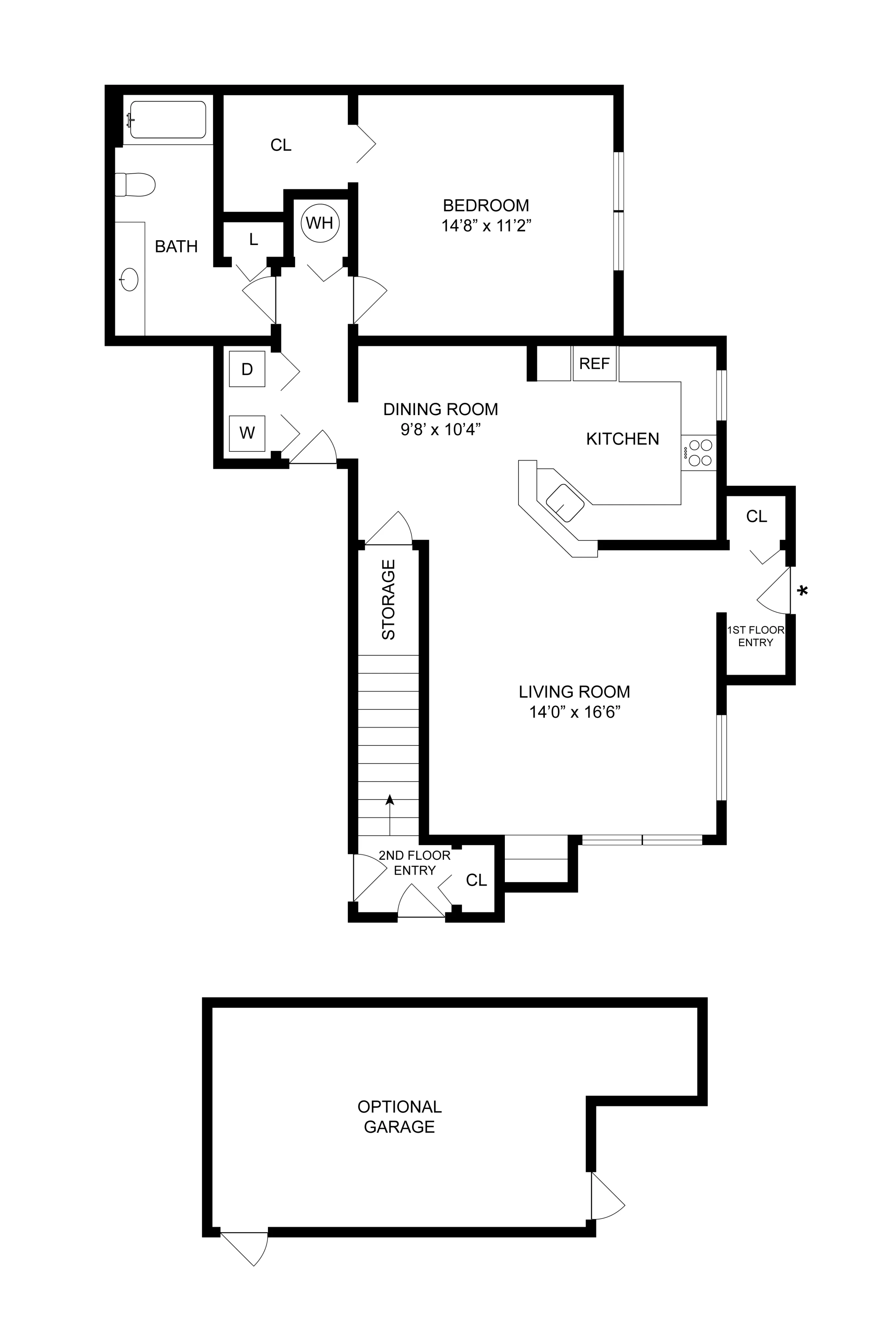 Sleek 2D floor plan featuring a bedroom, dining area, spacious living room, kitchen, and optional garage.