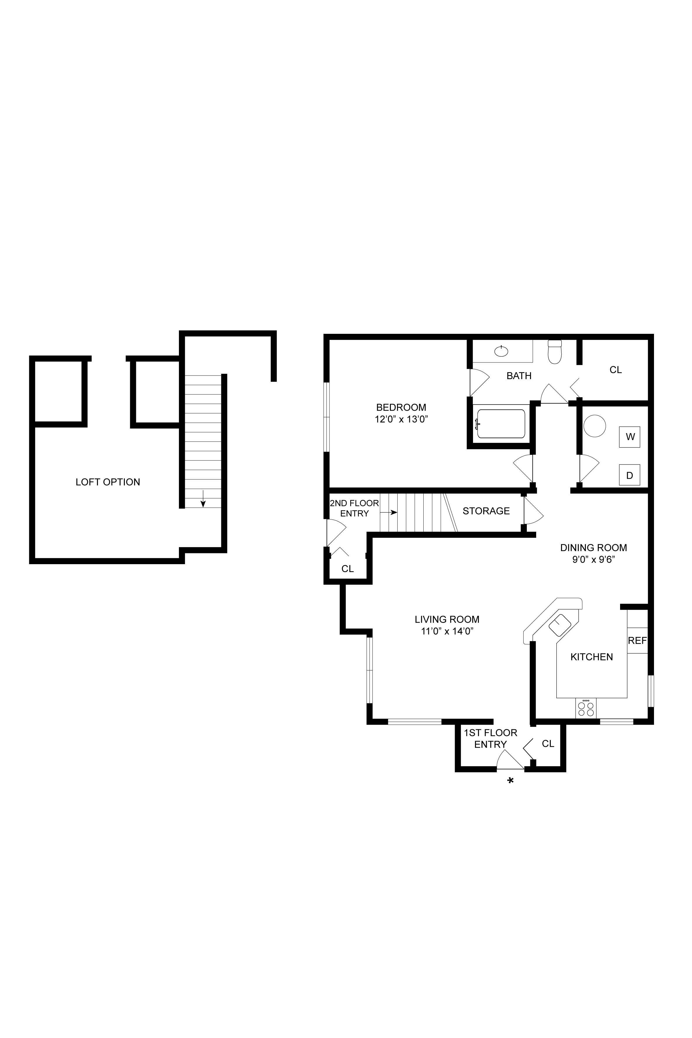 Clever floor plan with a loft option, featuring a spacious bedroom, living and dining areas, modern kitchen, and storage space.