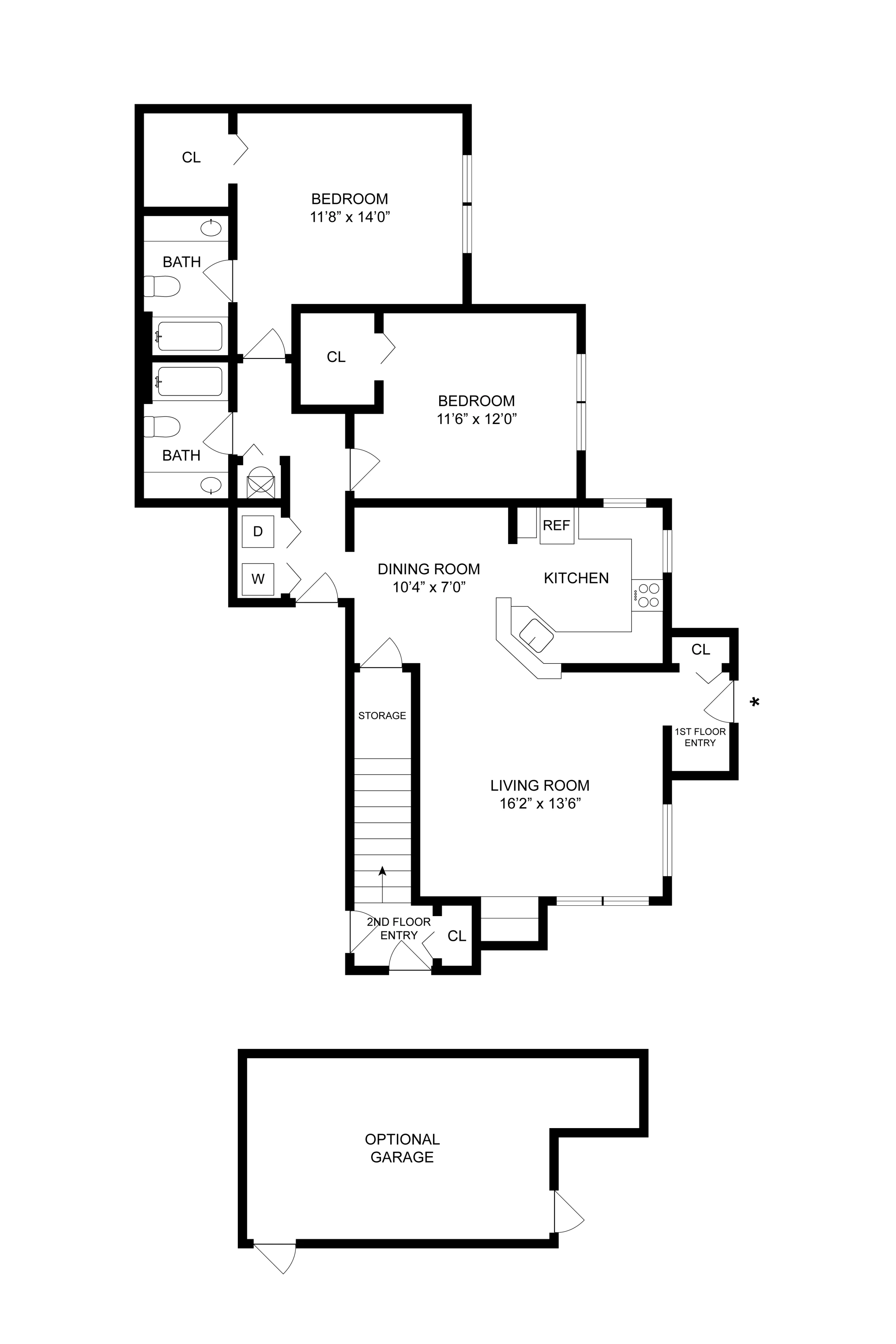 Elegant floor plan showcasing two bedrooms, a dining room, kitchen, living room, and optional garage.