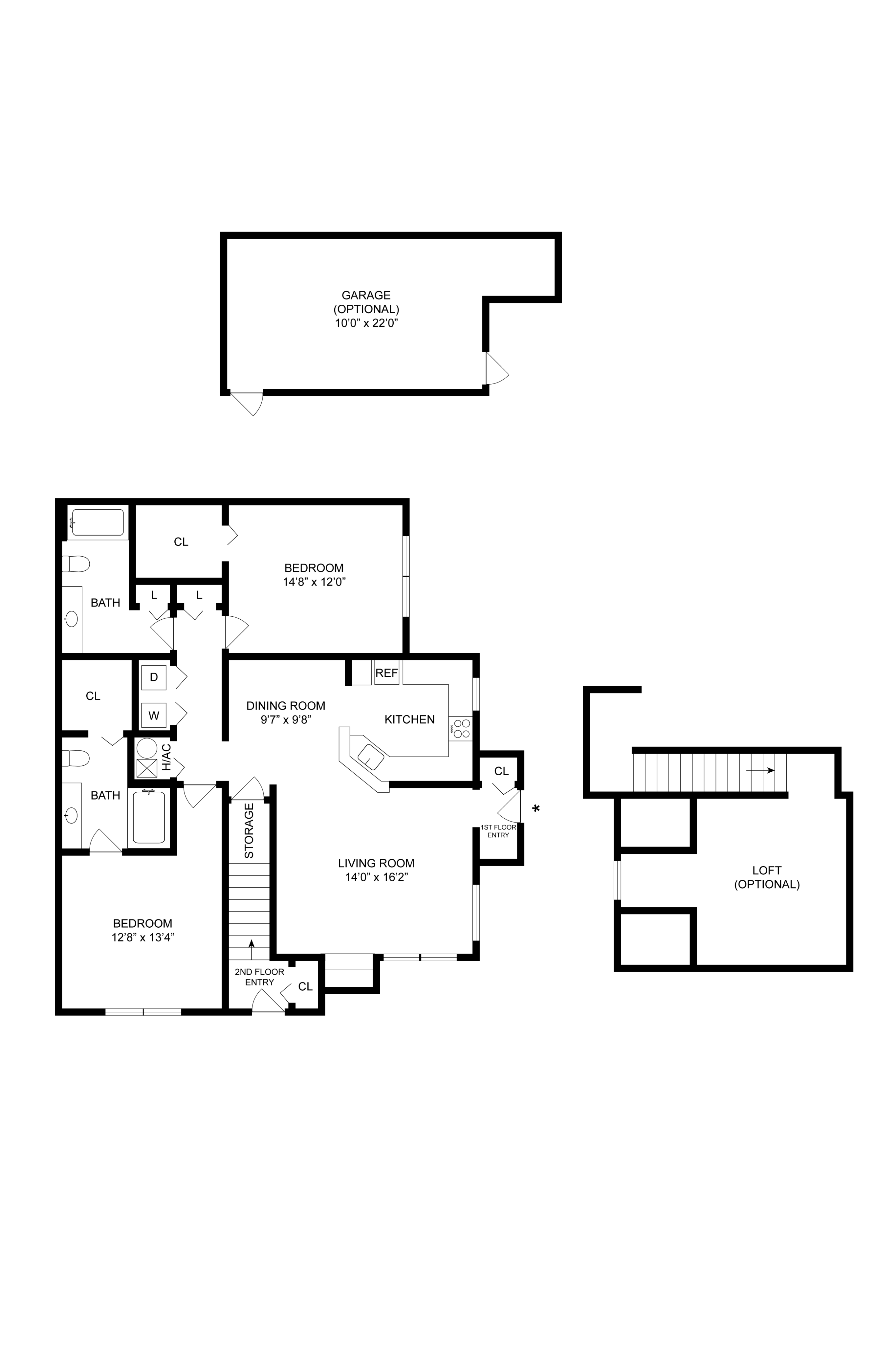 Comprehensive floor plan featuring 2 bedrooms, optional loft, and open living areas with garage.
