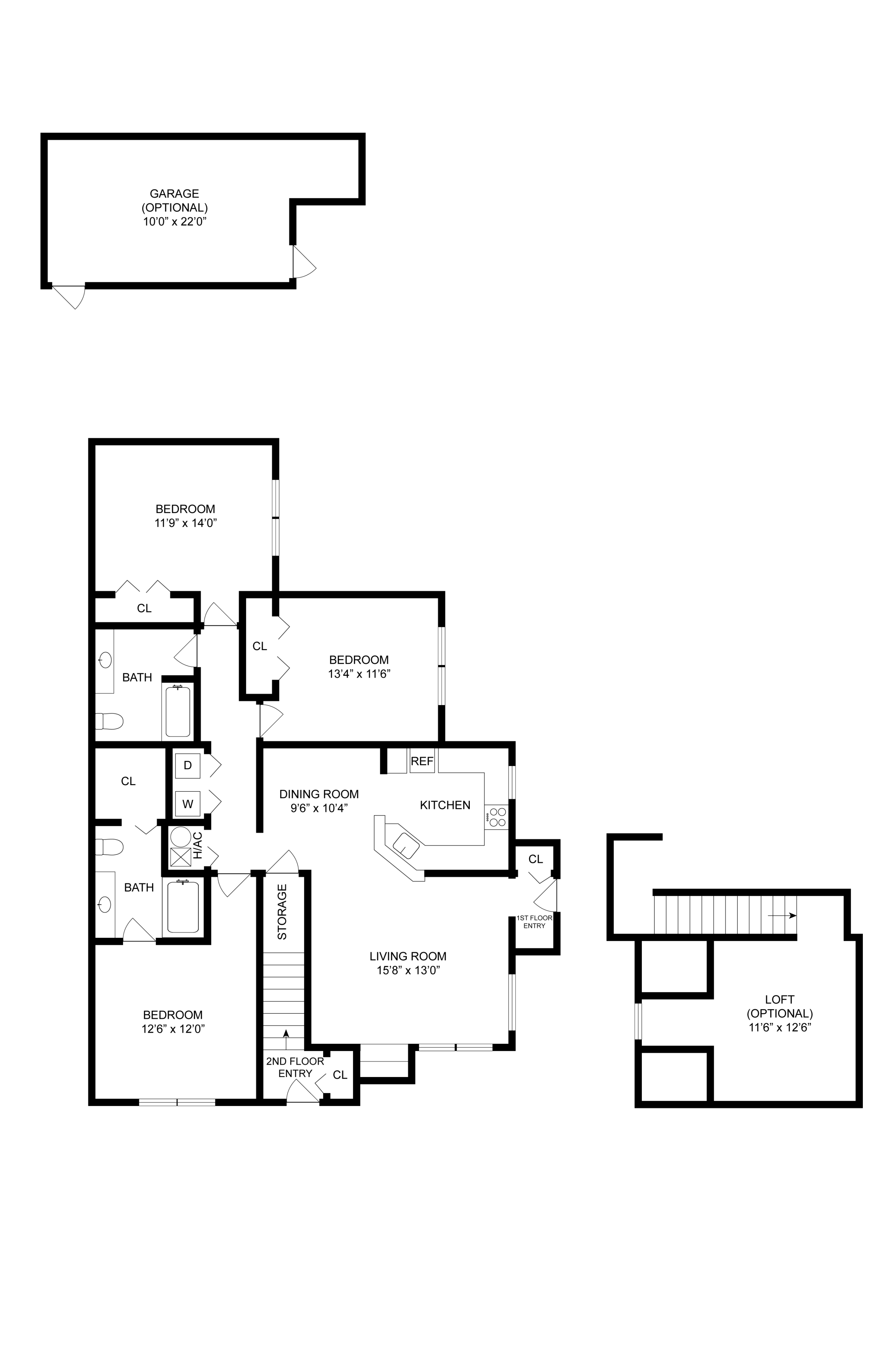Comprehensive 2D floor plan featuring 3 bedrooms, a large living room, kitchen, dining area, optional loft, and garage.