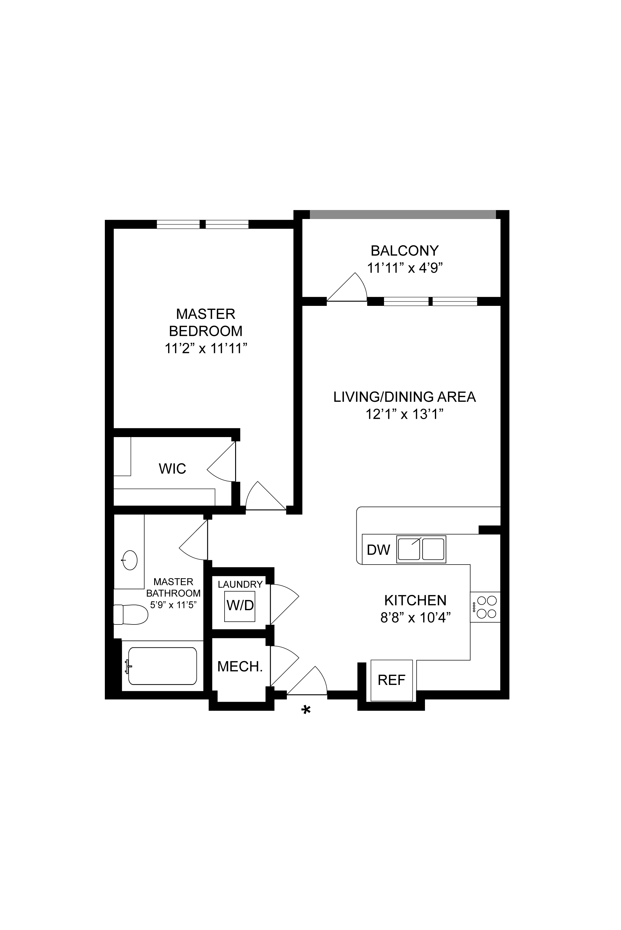 Elegant floor plan showcasing a one-bedroom urban apartment with a balcony, open living/dining area, and efficient kitchen.