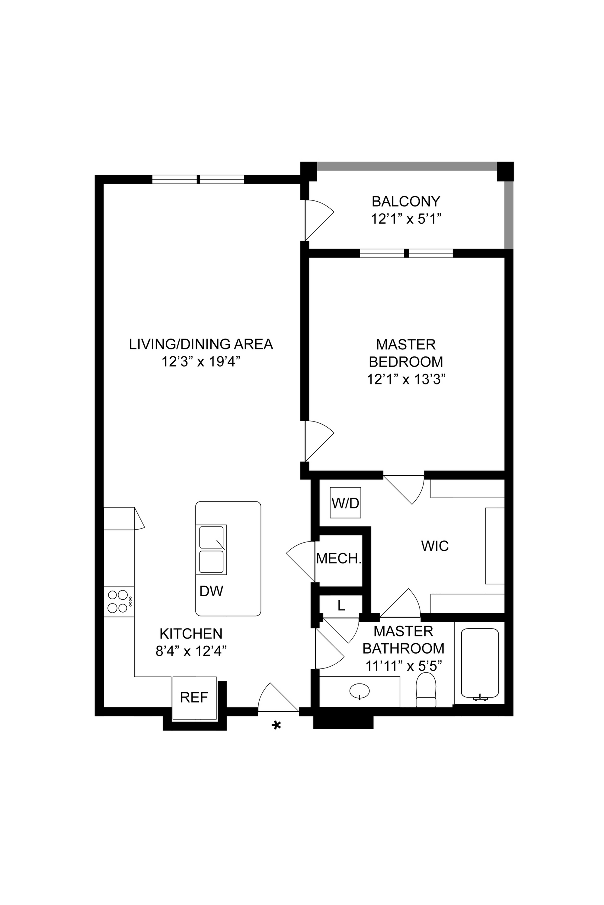 Modern floor plan showcasing a master bedroom, open living/dining area, and spacious kitchen with island.