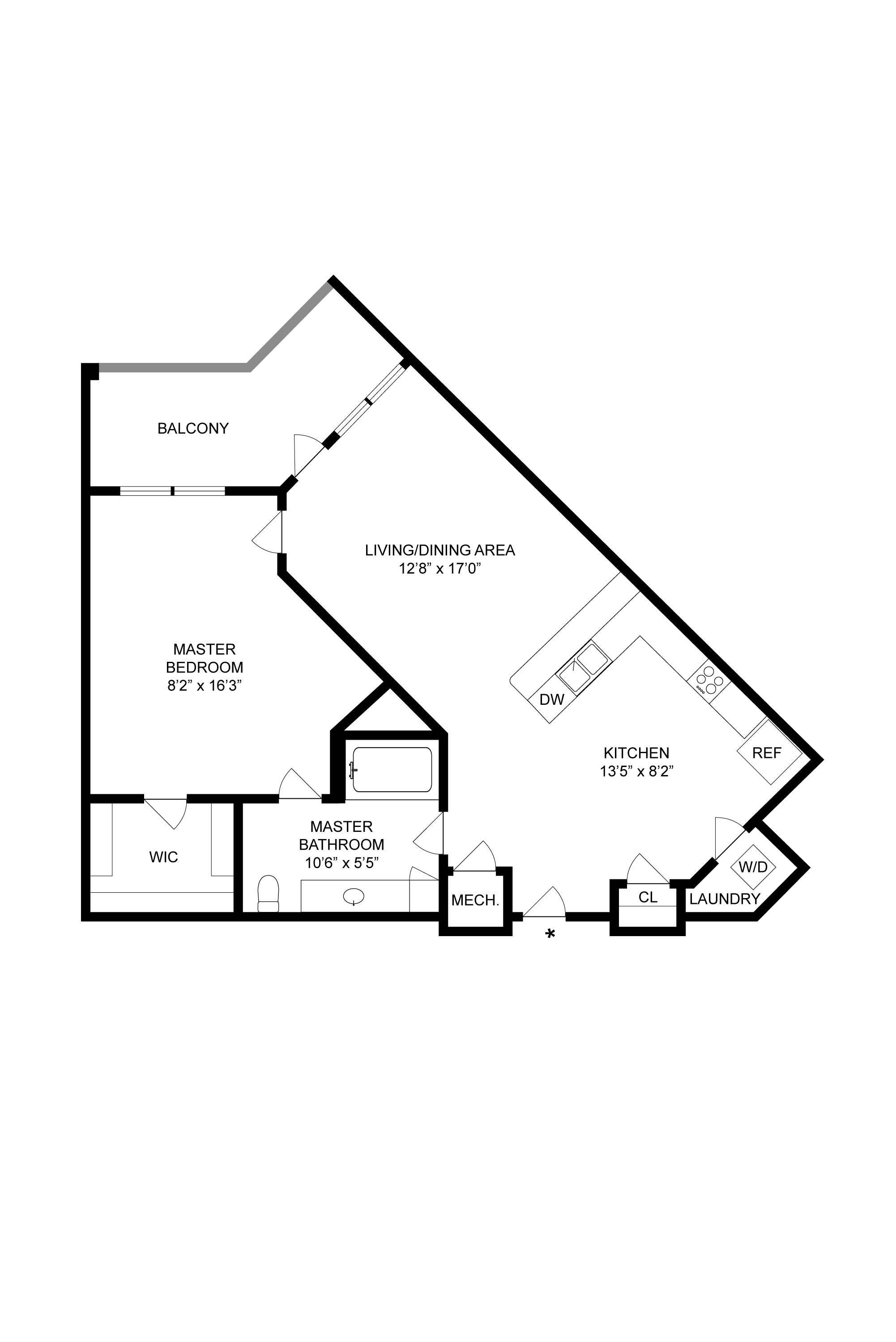 Floor plan of a stylish one-bedroom apartment featuring a master bedroom, spacious living and dining area, and a modern kitchen.