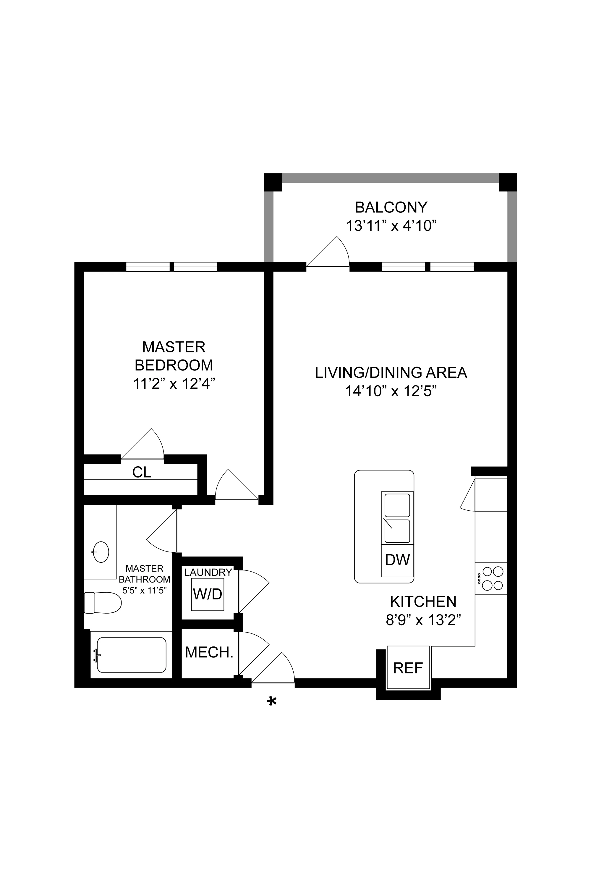 Elegant floor plan showcasing a master bedroom, open living/dining area, and modern kitchen with balcony access.