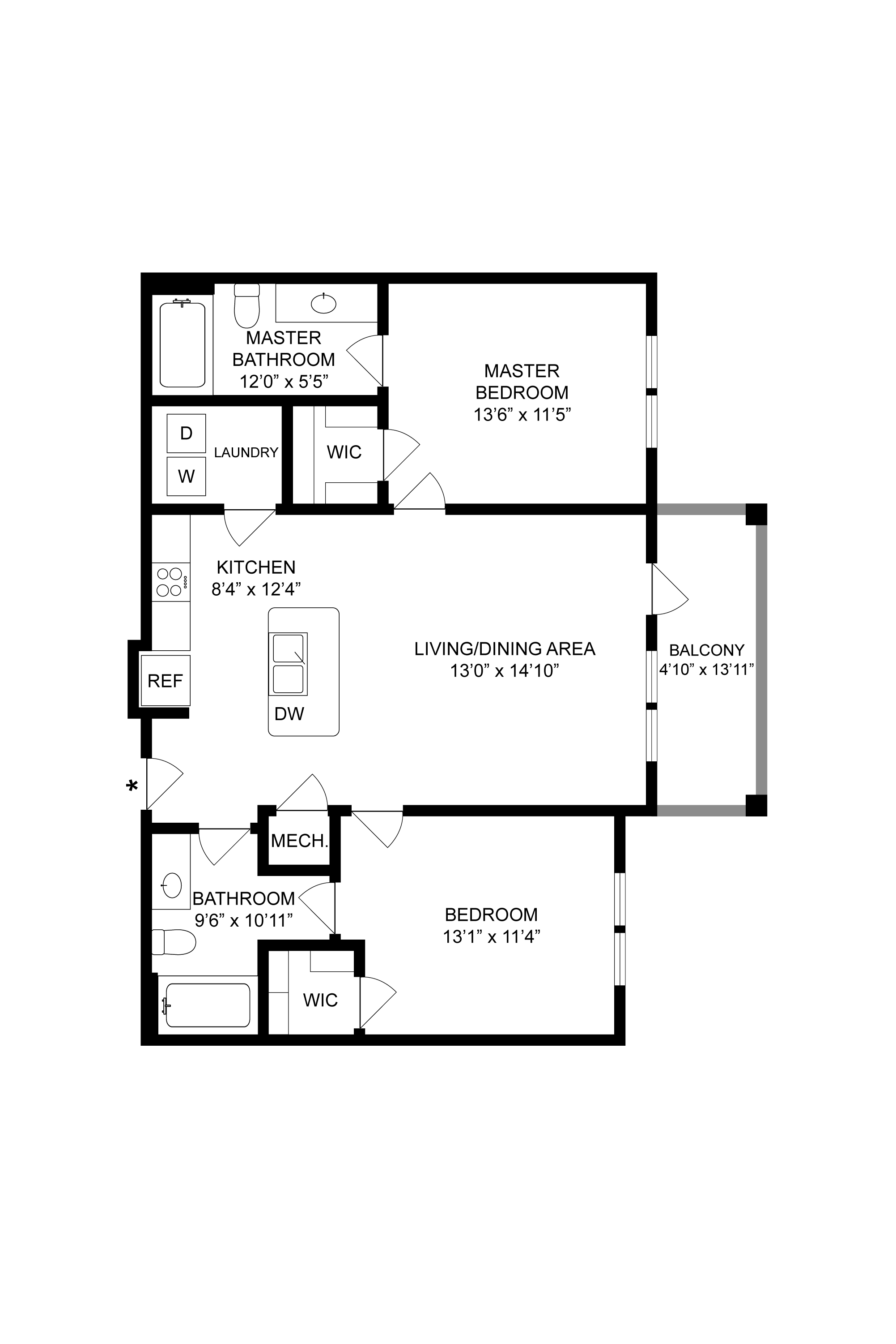 Elegant 2D floor plan showcasing 2 bedrooms, a spacious living/dining area, a modern kitchen, and a private balcony.