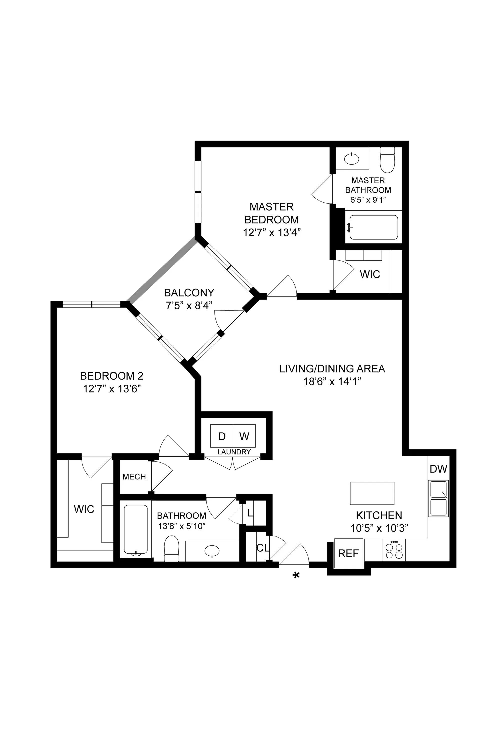 Thoughtfully designed floor plan with 2 bedrooms, balcony, and open living/dining area.