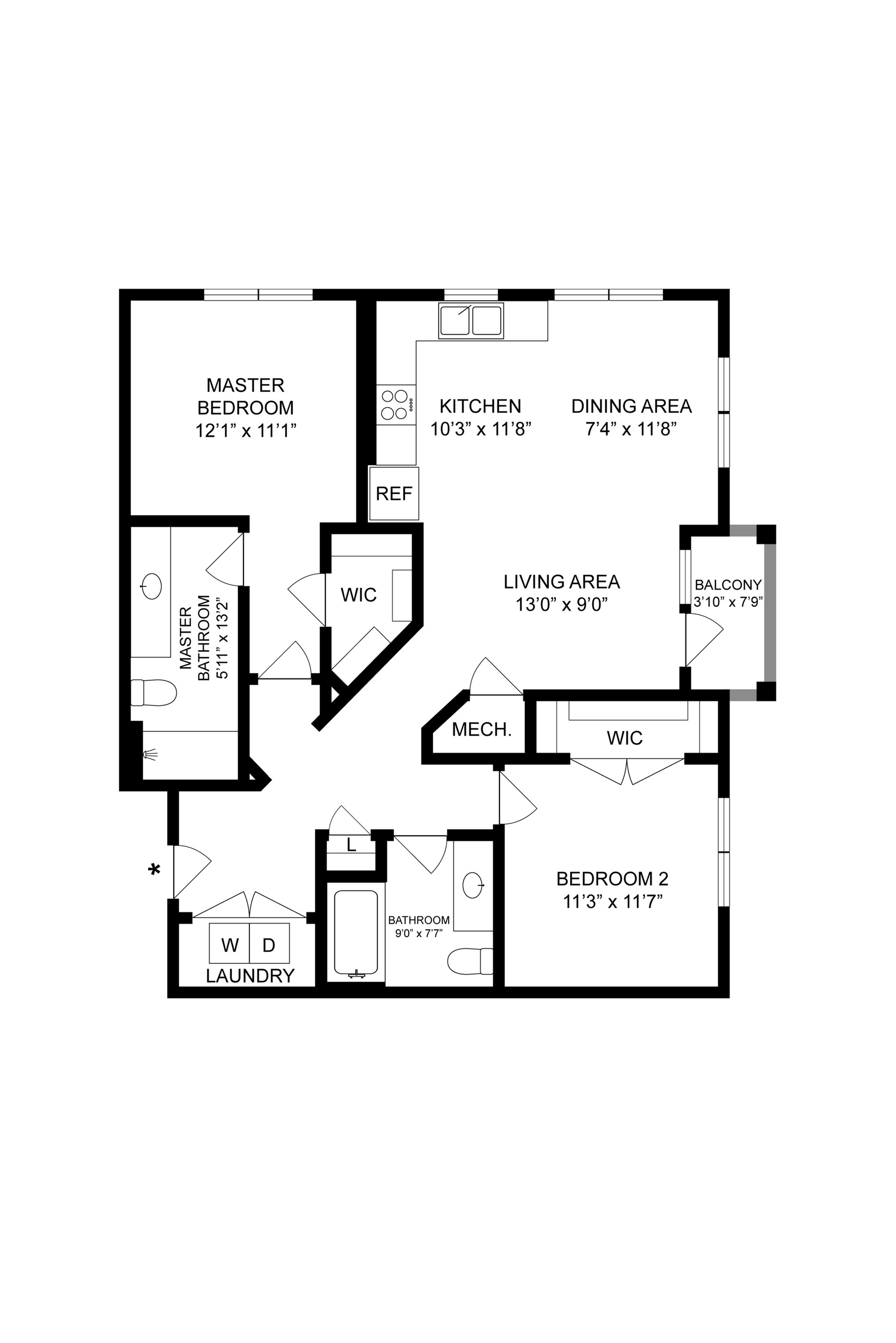 Contemporary floor plan featuring master bedroom, second bedroom, two bathrooms, and a balcony.