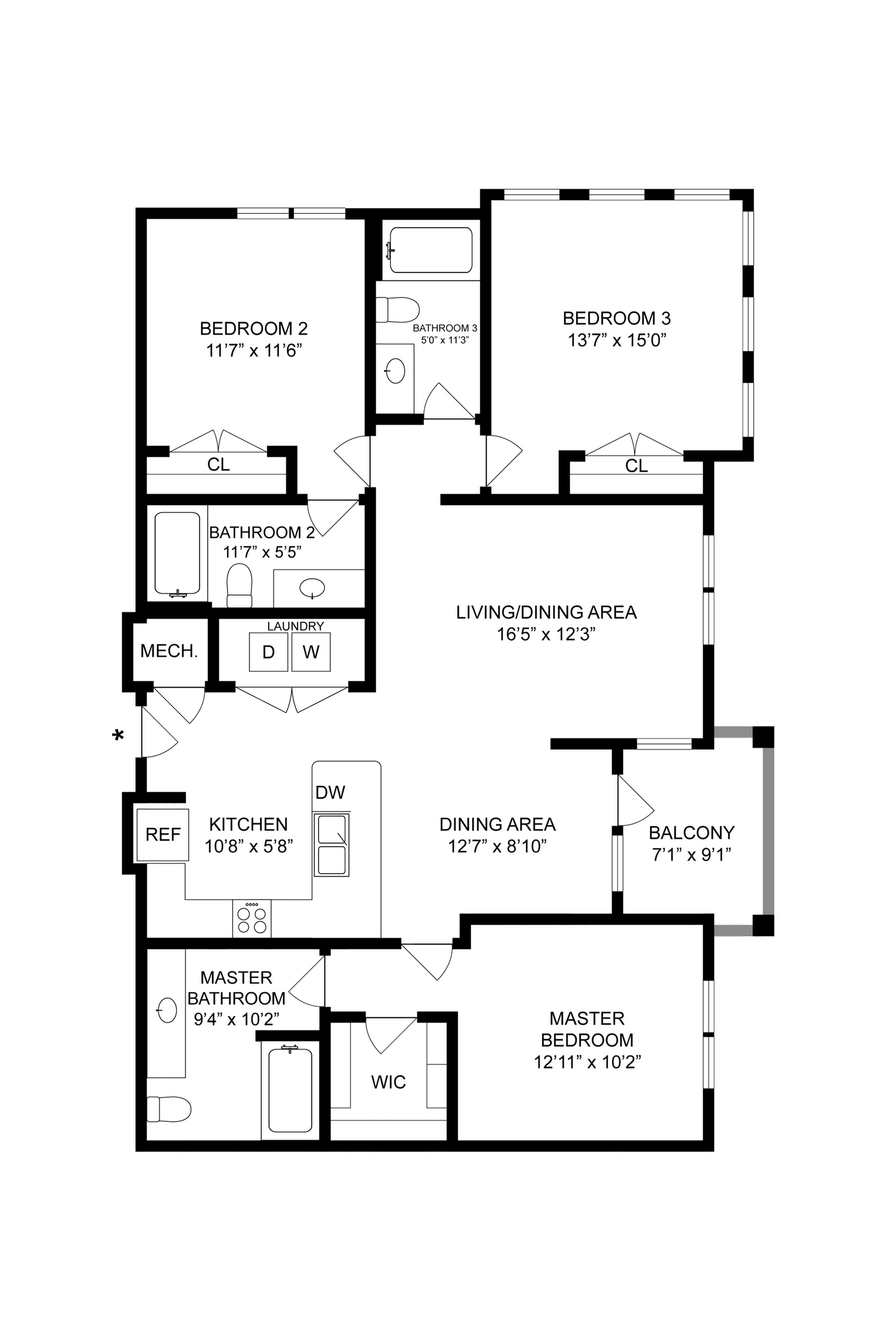 Elegant 2D floor plan with 3 bedrooms, open living/dining area, and balcony.