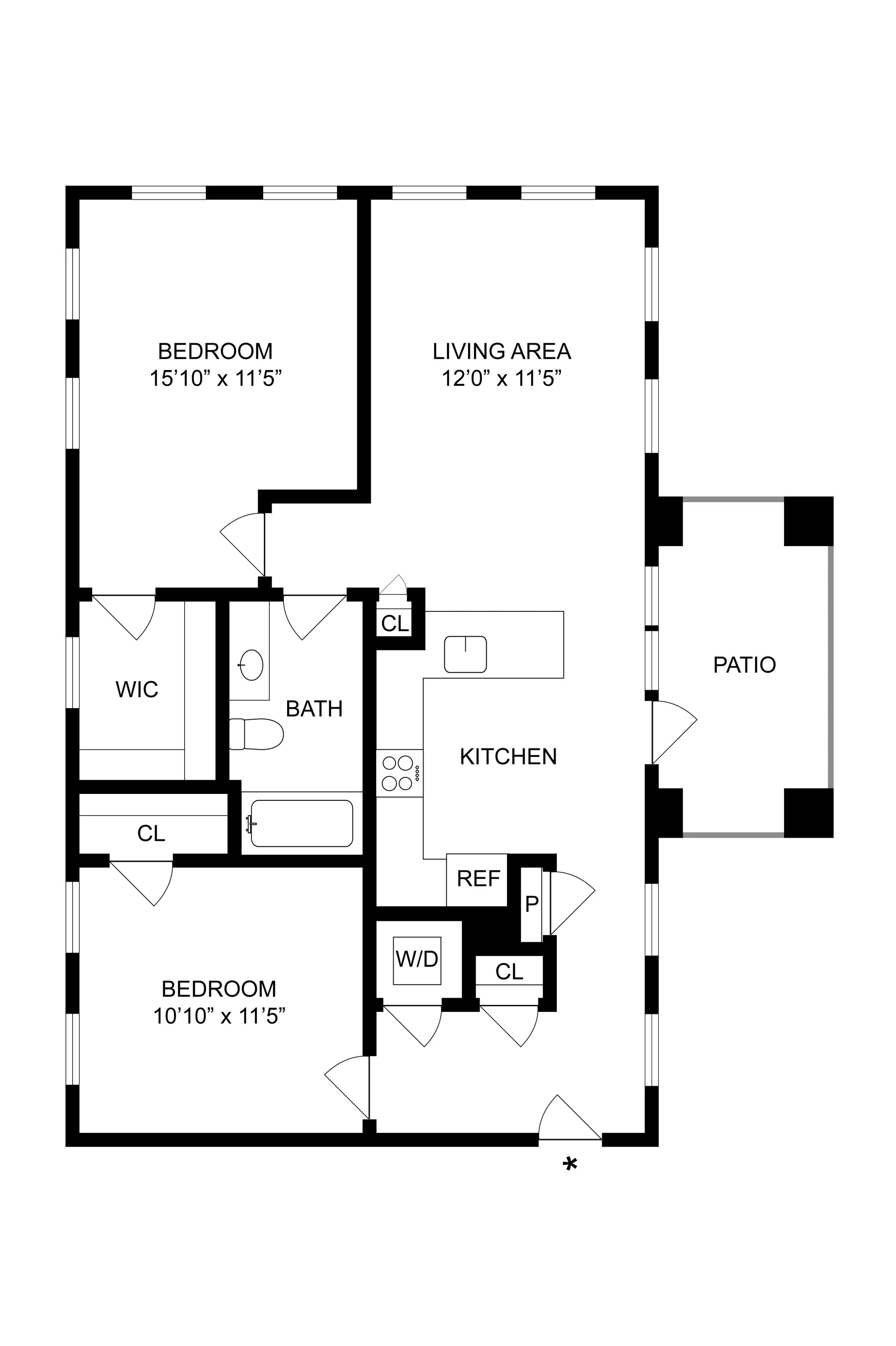 2D floor plan showcasing two bedrooms, a central living area, open kitchen, and a spacious patio.