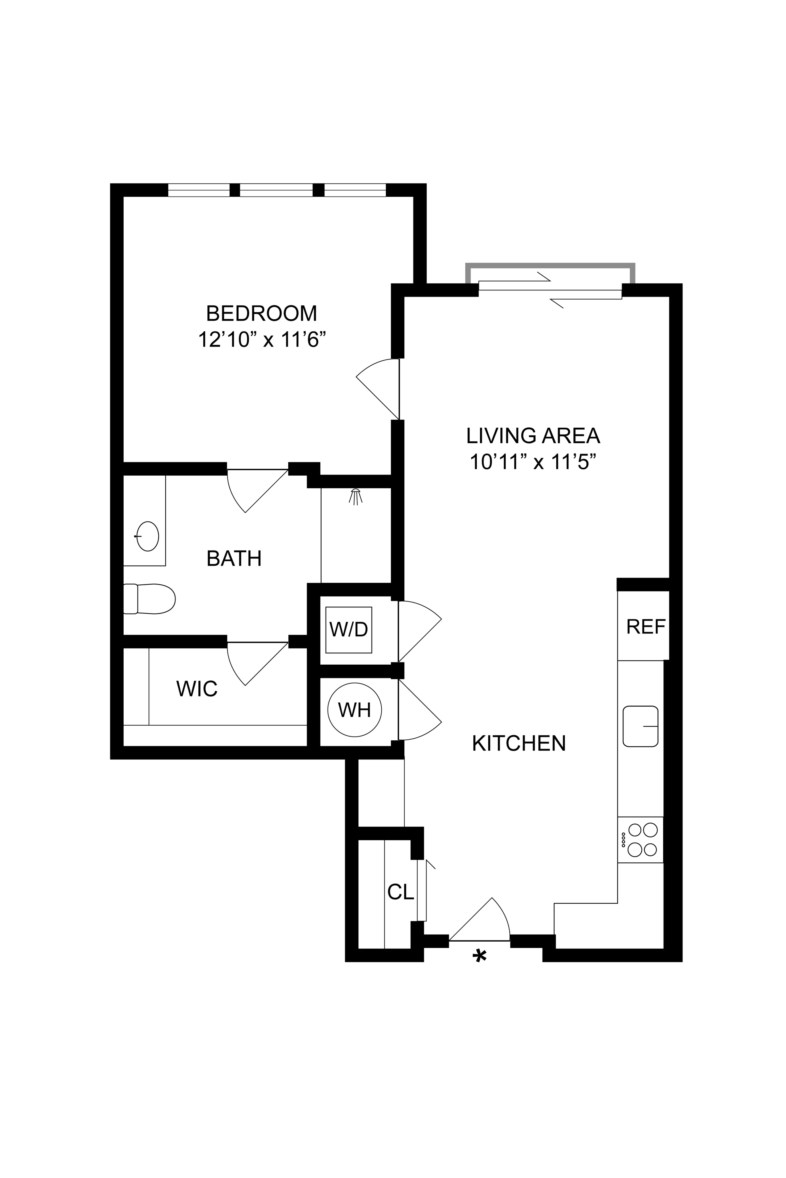 Efficient floor plan showcasing a 1-bedroom layout with a spacious living area and modern kitchen.