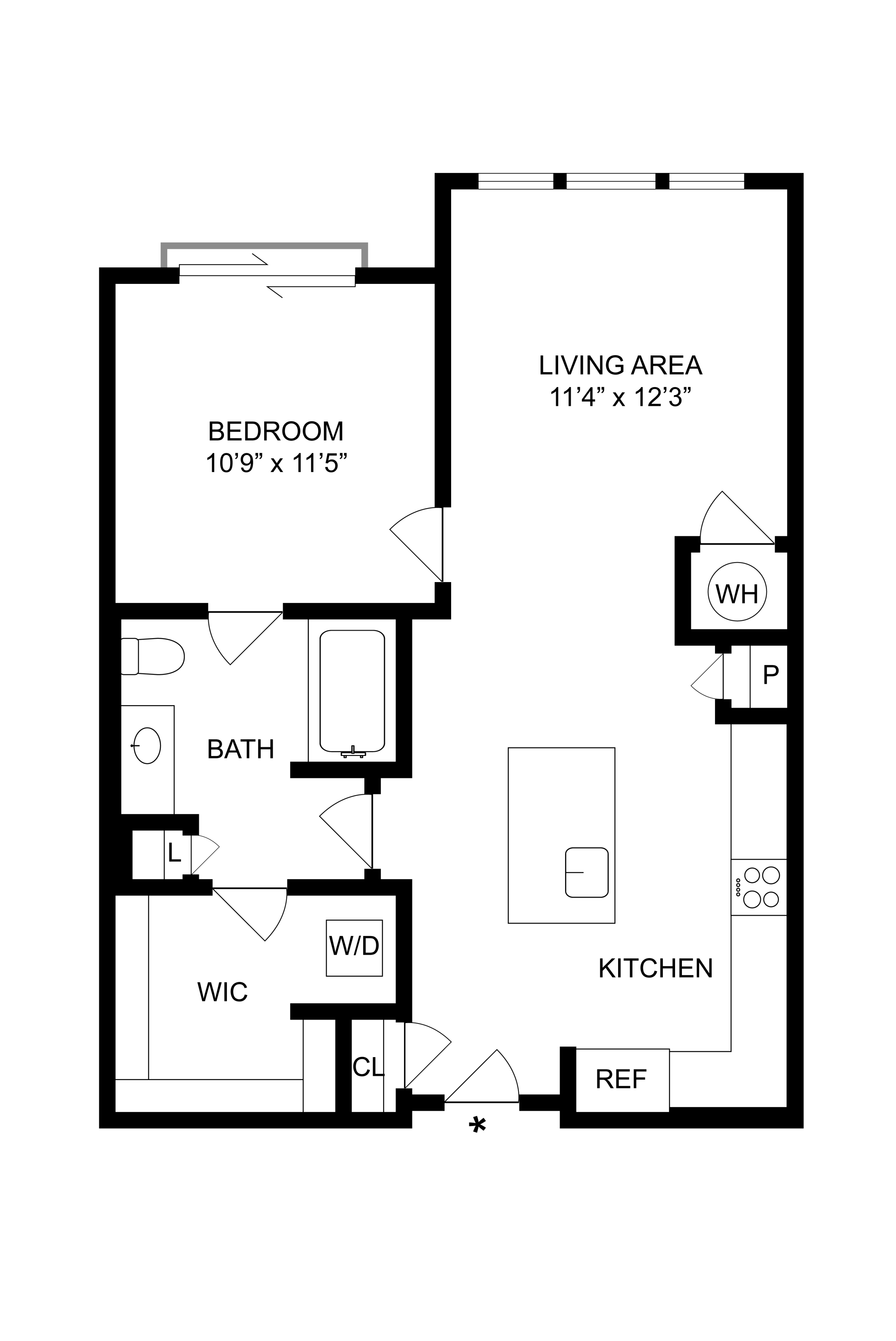Elegant floor plan with 1 bedroom, modern kitchen, open living area, and bathroom.