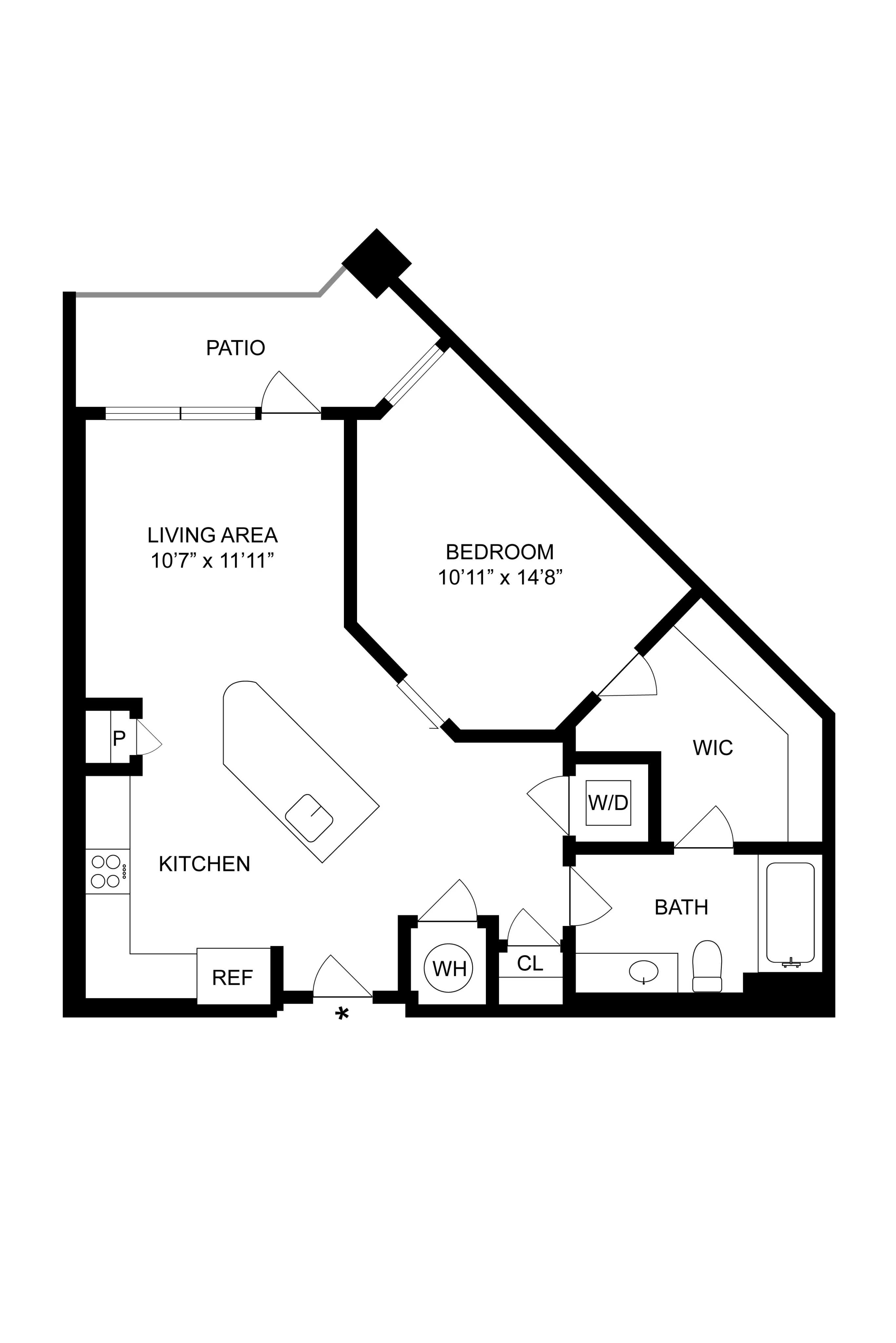 Elegant floor plan featuring a one-bedroom layout with a spacious living area, kitchen, bathroom, and patio access.