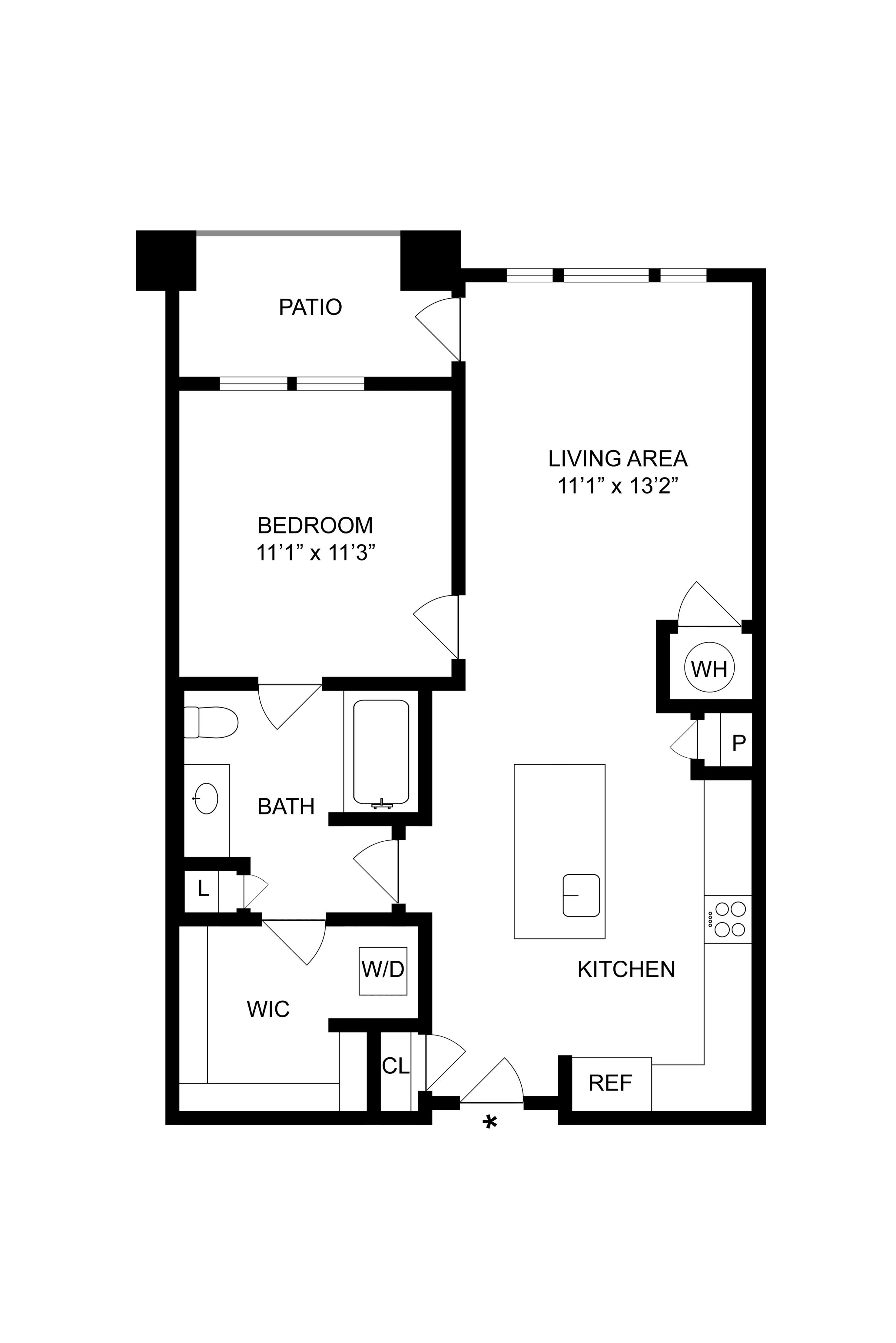 Contemporary floor plan showcasing a bedroom, open living area, and modern kitchen with attached patio.