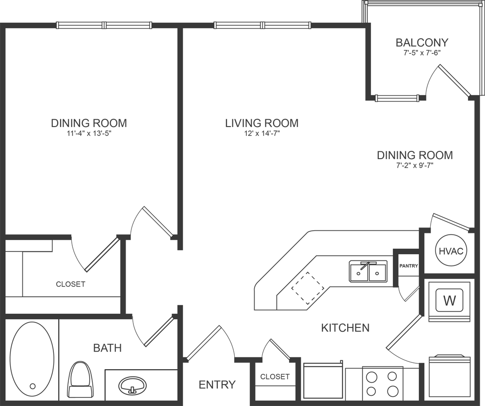 Modern floor plan showcasing a spacious open living area with bathtub, toilet, and a sleek kitchen featuring a pantry and HVAC system.