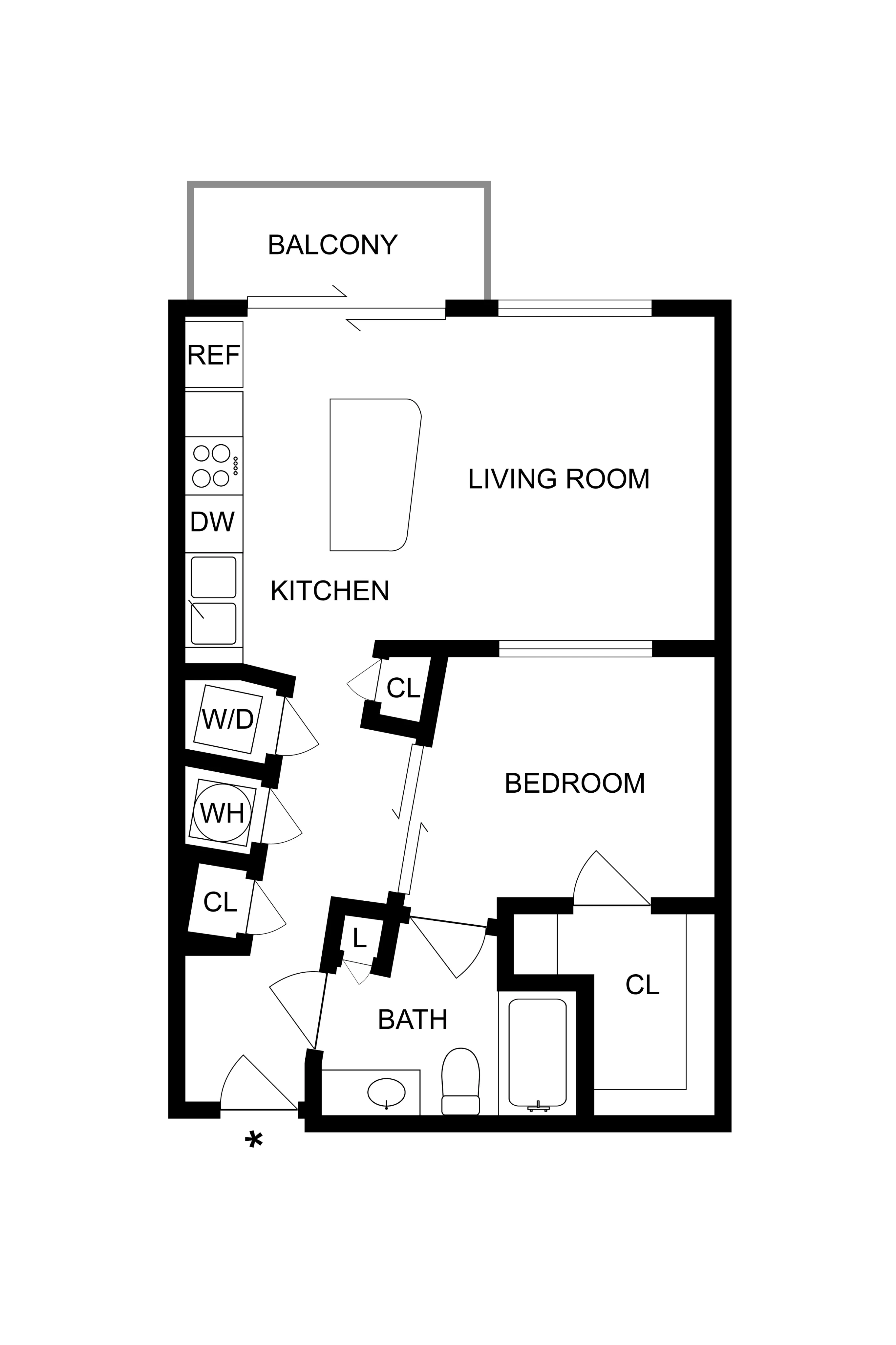 Modern floor plan showcasing a cozy 1-bedroom apartment with an open kitchen, spacious living room, and private balcony.