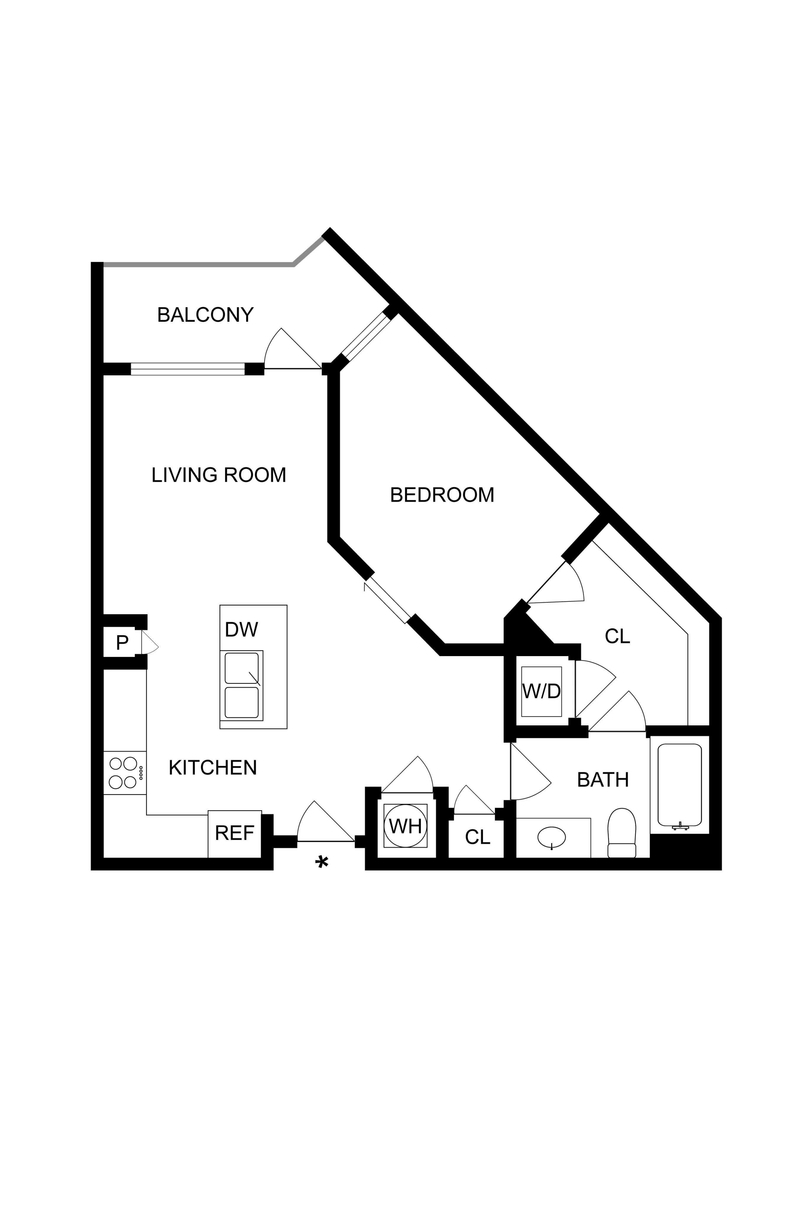 Chic floor plan showcasing one bedroom, a modern kitchen with peninsula, and a cozy living room opening to a balcony.