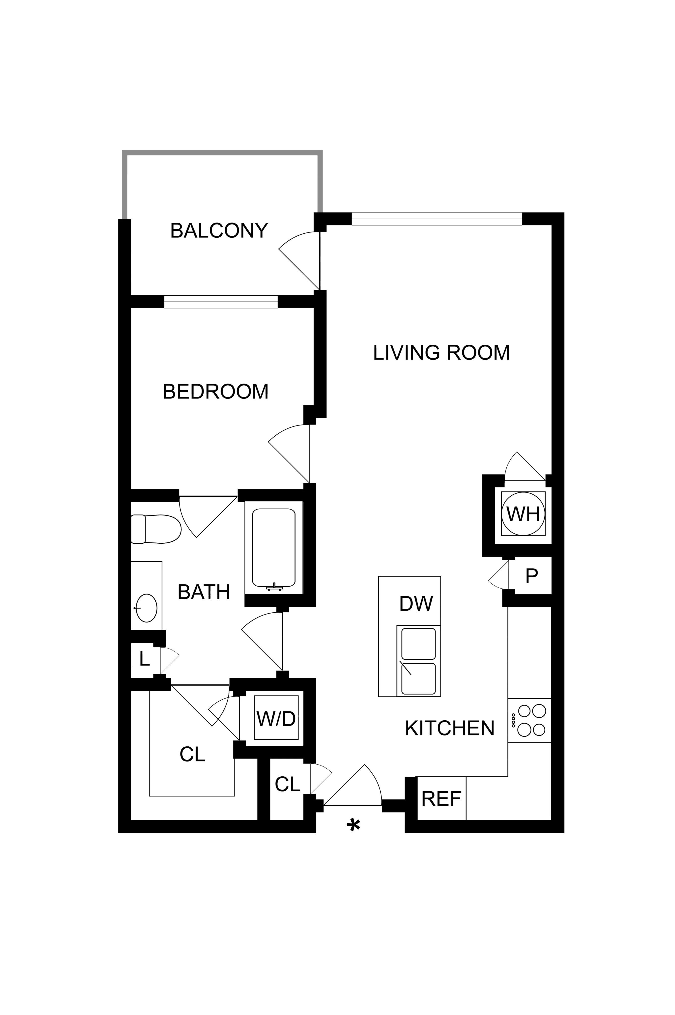Modern apartment floor plan showcasing 1 bedroom, a spacious living room, balcony access, and a well-equipped kitchen with island.
