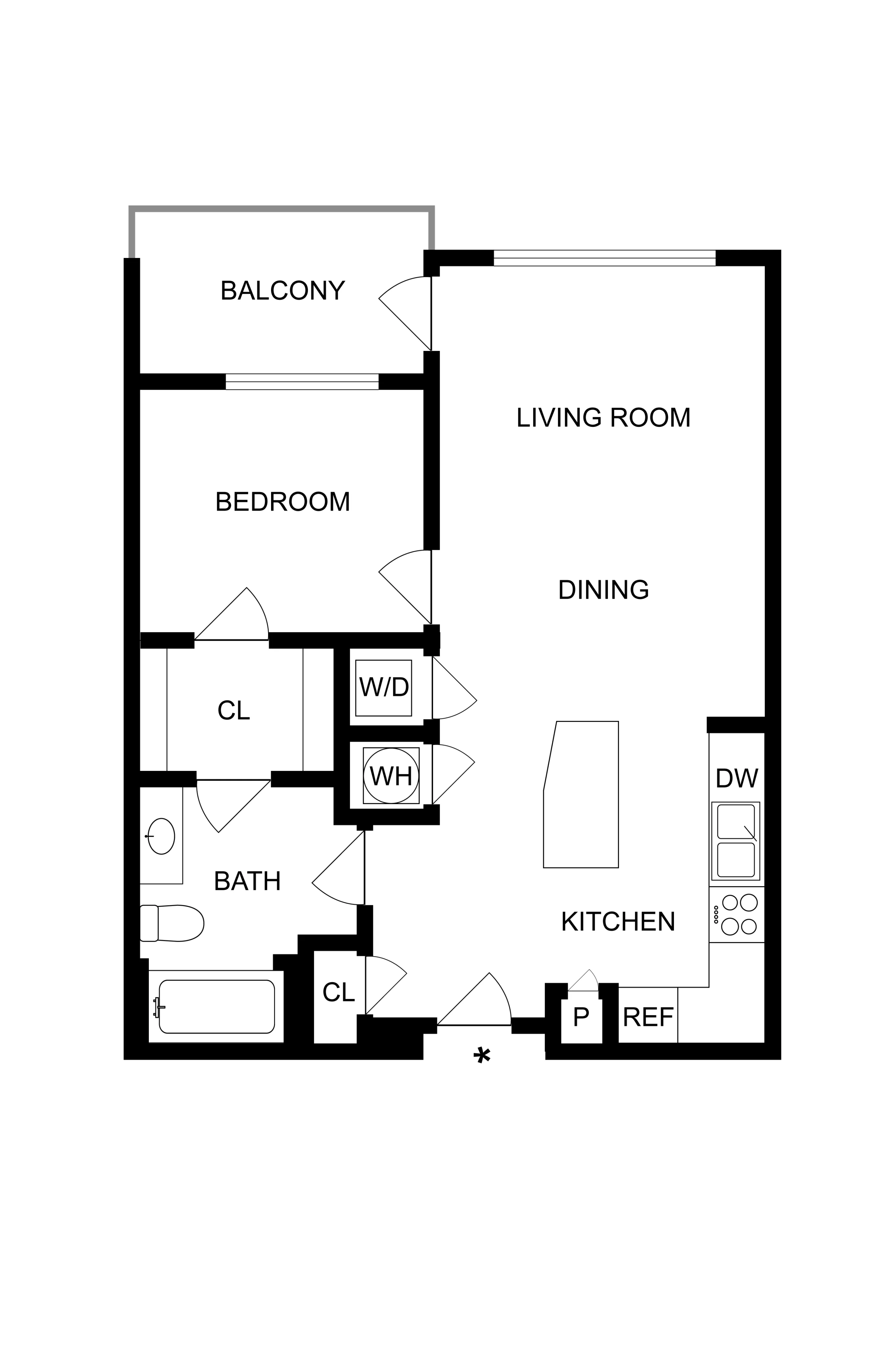 Modern floor plan showcasing a 1-bedroom apartment with an open living and dining area, stylish kitchen, cozy balcony, and convenient in-unit laundry.