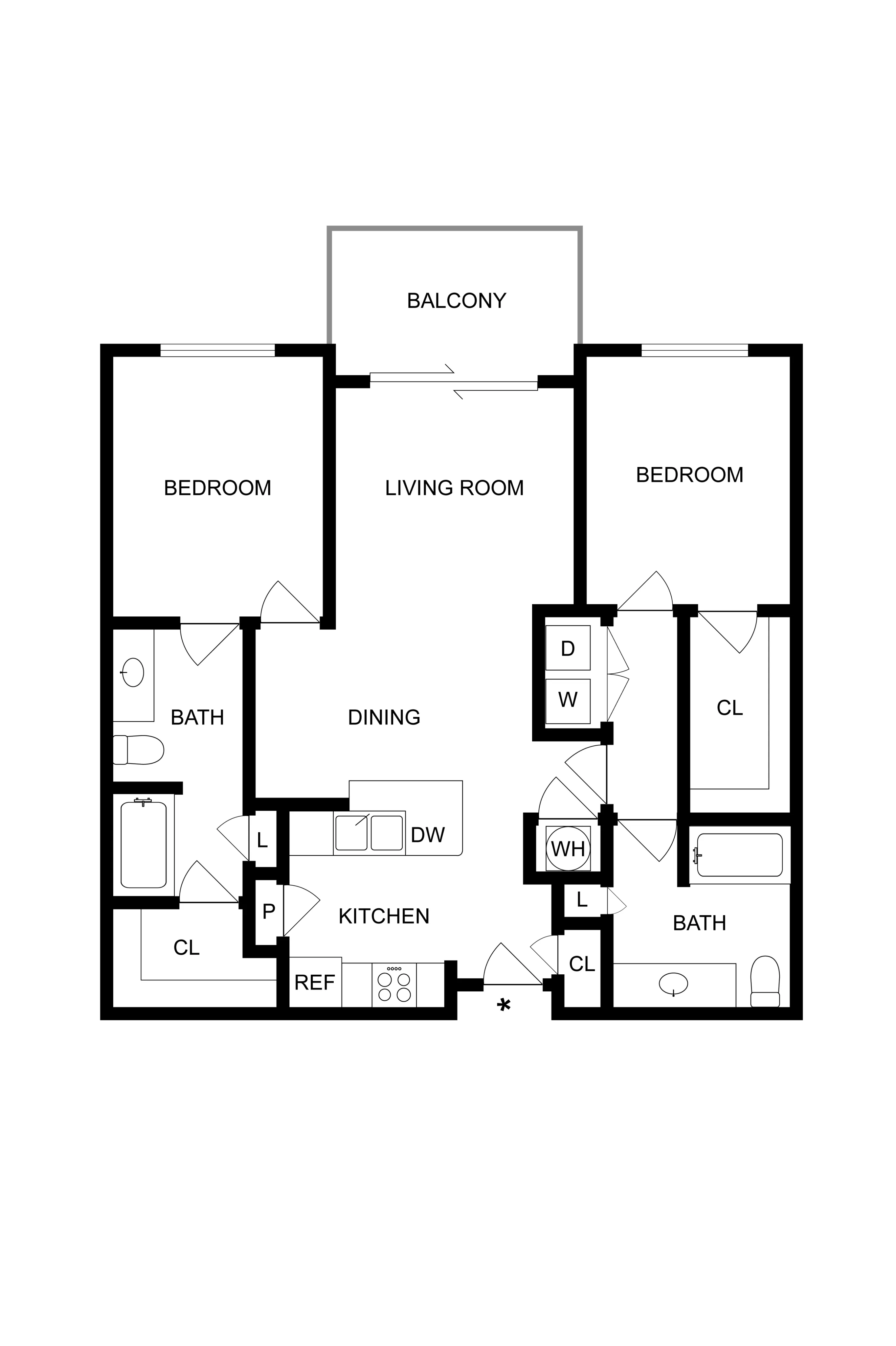 Modern 2D floor plan showcasing 2 bedrooms, open living-dining area, and a sleek kitchen with balcony access.