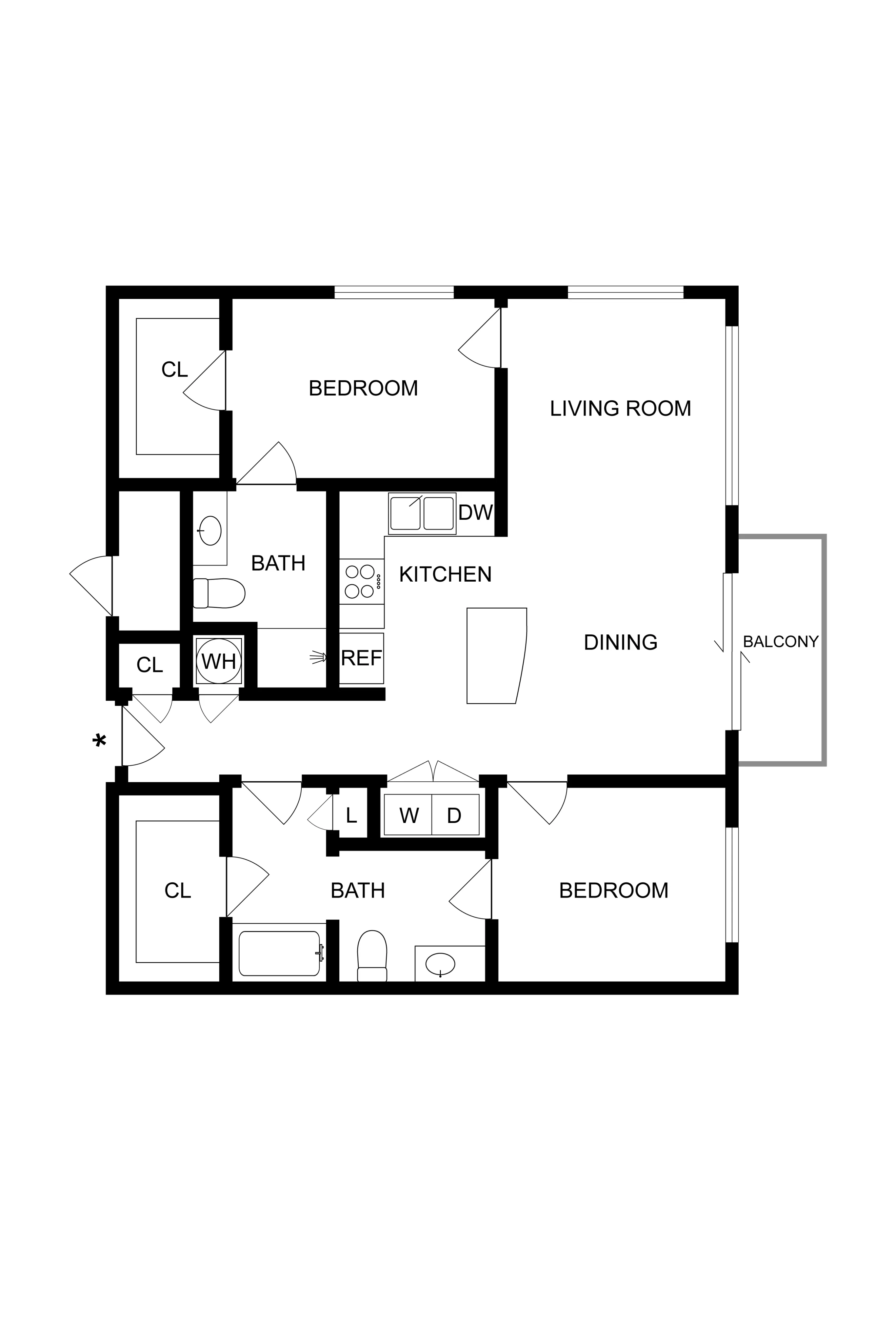 Contemporary floor plan highlighting 2 spacious bedrooms, dual baths, a sleek kitchen, and an inviting living-dining area with balcony access.