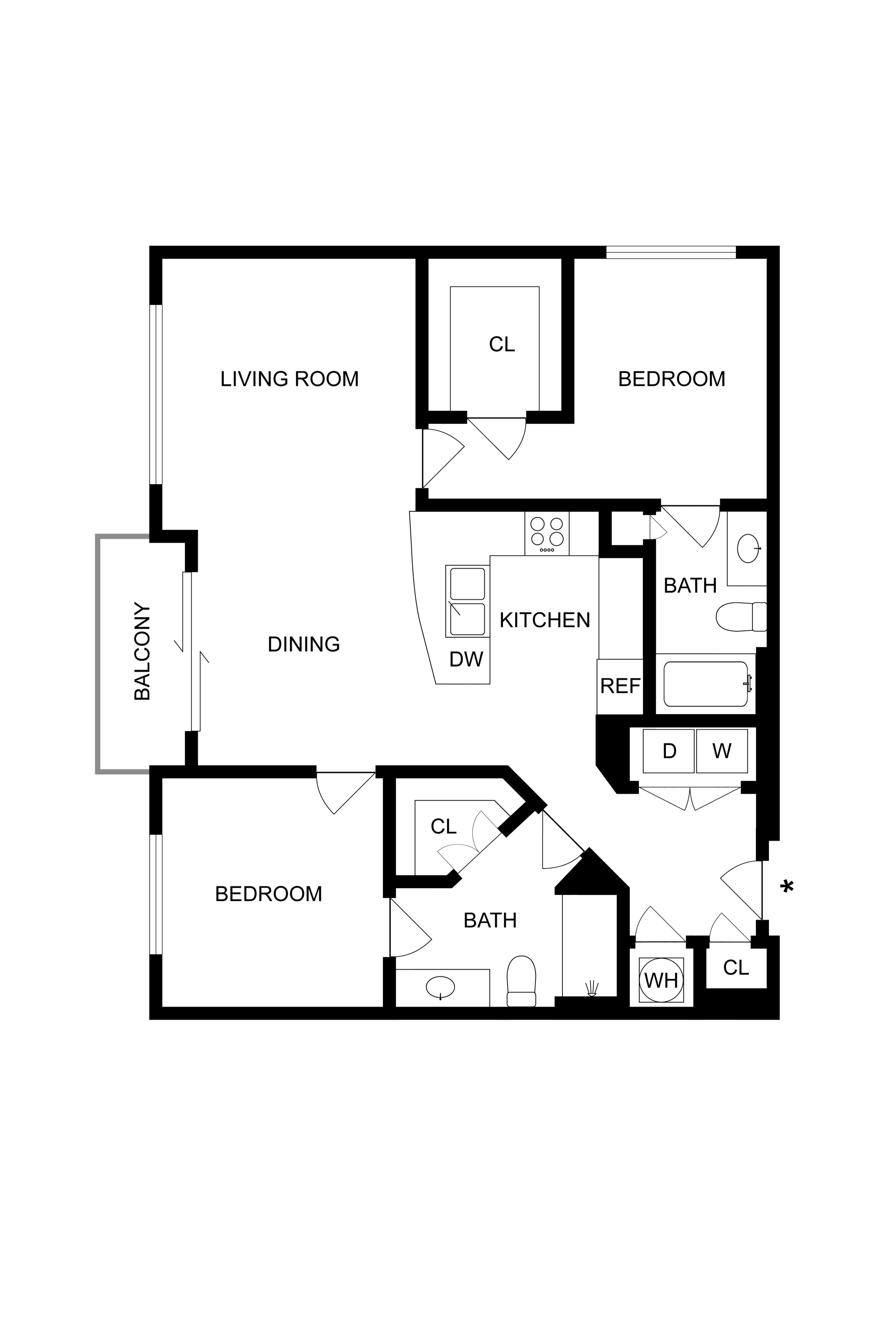 Modern 2D floor plan with 2 bedrooms, spacious living and dining areas, a sleek kitchen, and two bathrooms, highlighting an inviting balcony for relaxation.