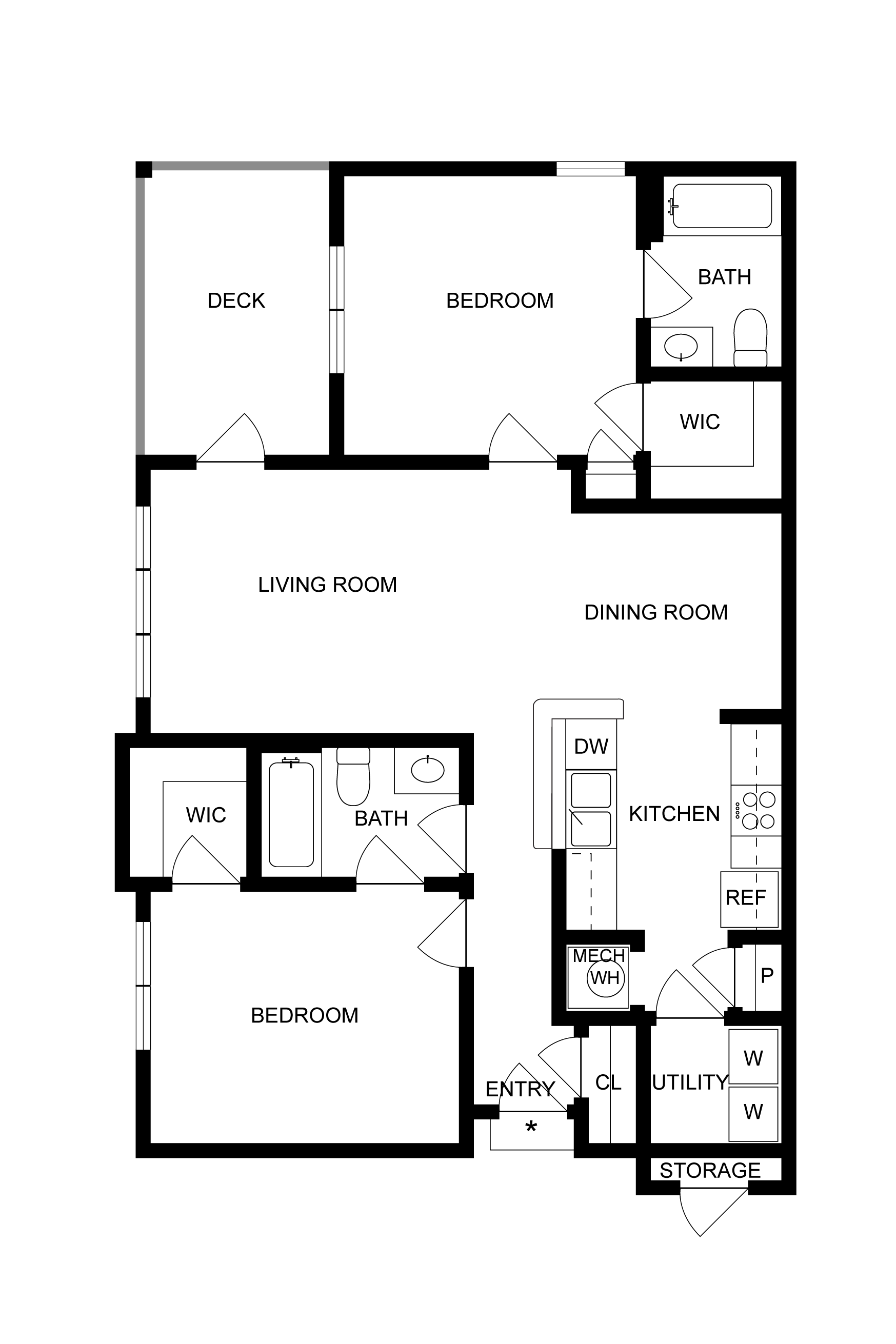 Inviting floor plan showcasing 2 spacious bedrooms, a modern kitchen, and an expansive living room with a deck for outdoor enjoyment.