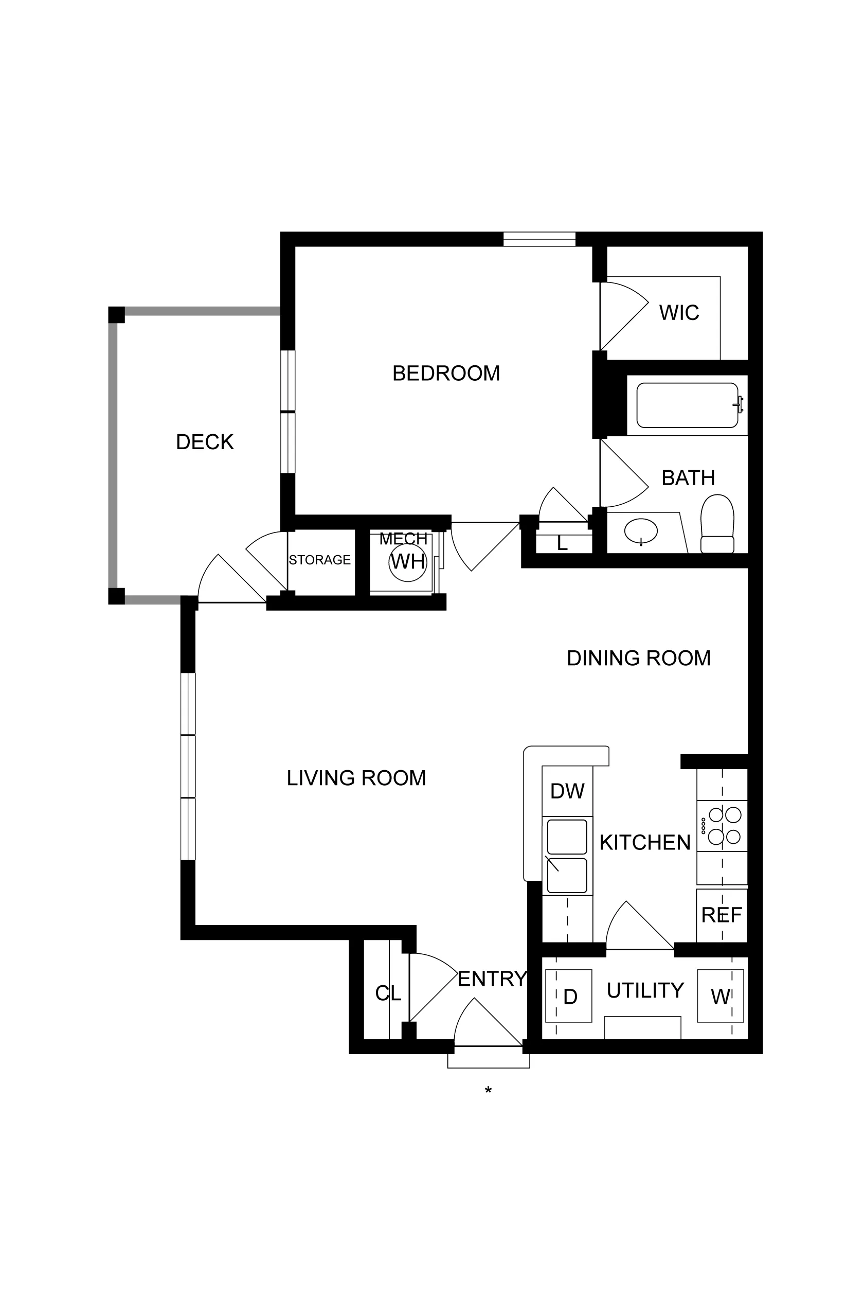 Modern floor plan featuring a spacious bedroom with walk-in closet, inviting deck, open living and dining area, and a sleek kitchen with utility space.