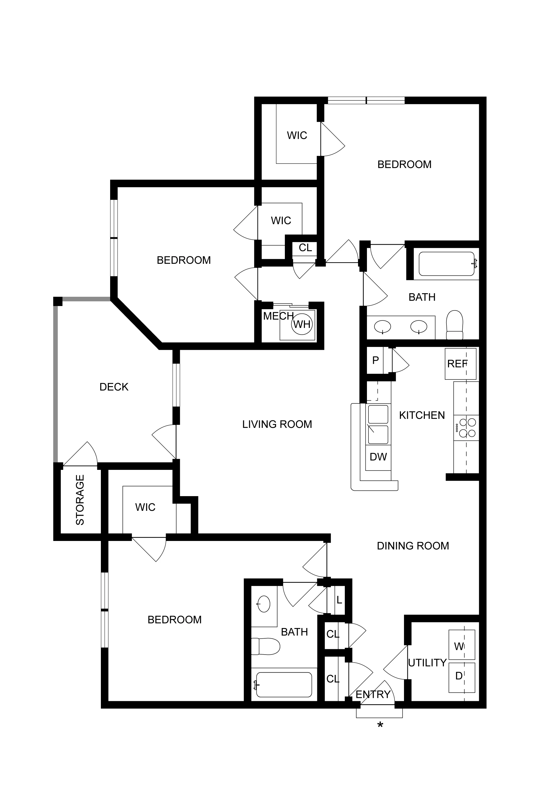Modern floor plan showcasing 3 spacious bedrooms with walk-in closets, a large living room, and an open kitchen with dining area.