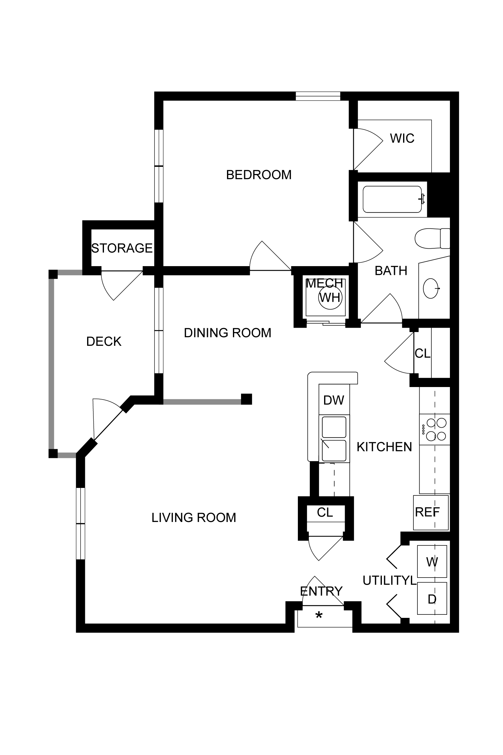 Modern floor plan showcasing a spacious bedroom, open dining room, stylish kitchen, and cozy living room with deck access.