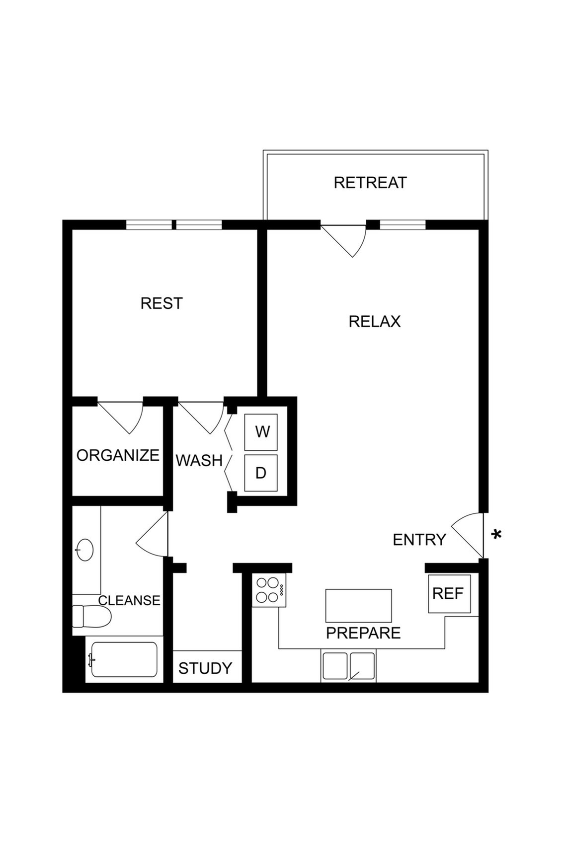 Modern floor plan showcasing a cozy bedroom, spacious living area, functional kitchen, and study with an outdoor retreat.