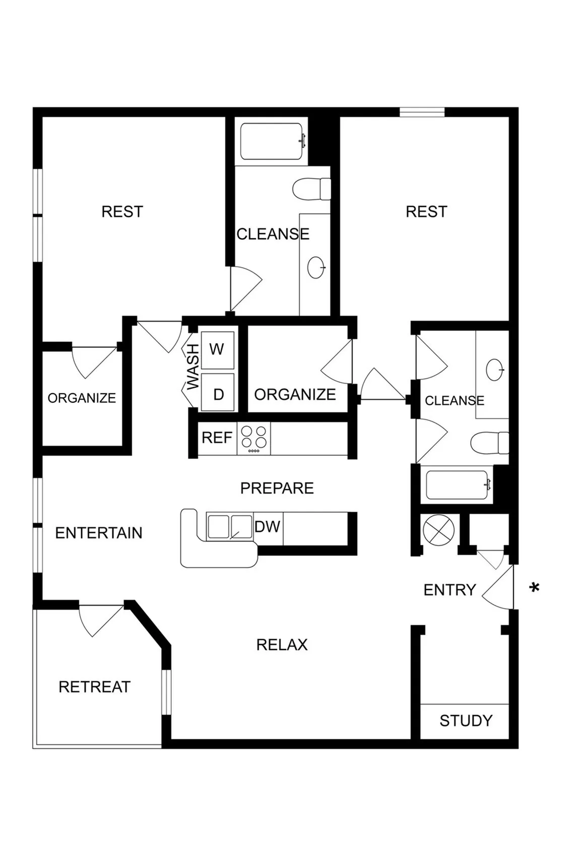 Modern floor plan illustrating 2 restful bedrooms, an inviting entertainment space, and a dedicated study nook.