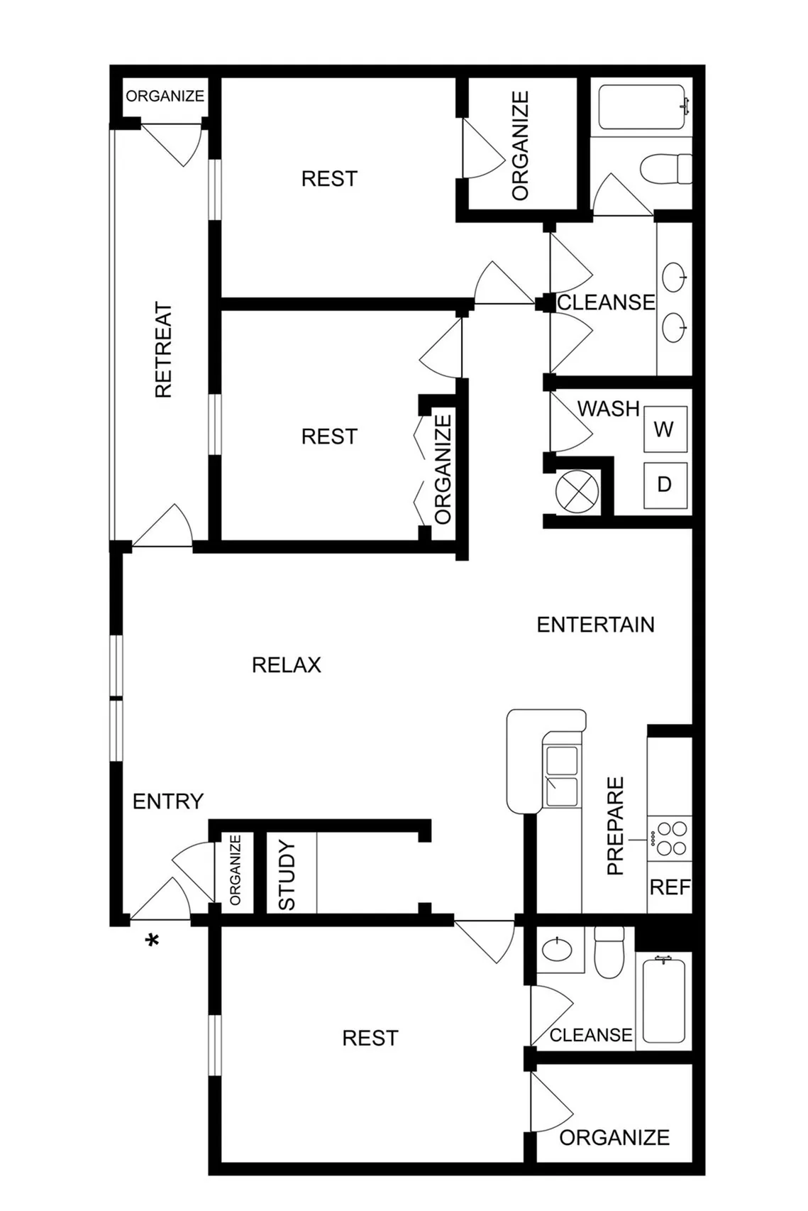 Modern floor plan featuring 3 bedrooms, a study, open-concept living area, and a stylish kitchen. Includes two bathrooms, convenient laundry space, and ample organizing areas.