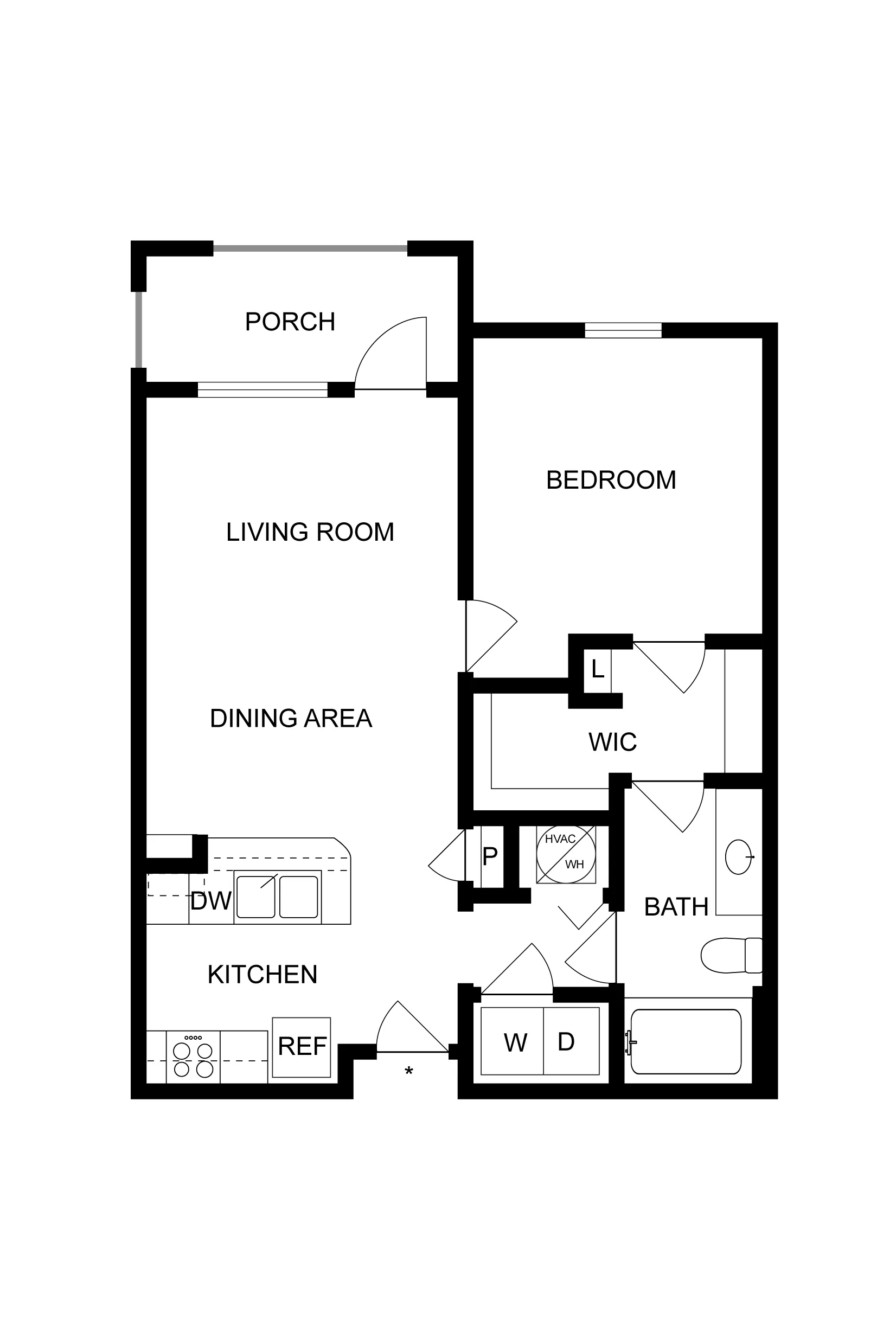 Modern 2D floor plan featuring 1 bedroom, open living and dining area, with a cozy porch and well-equipped kitchen.