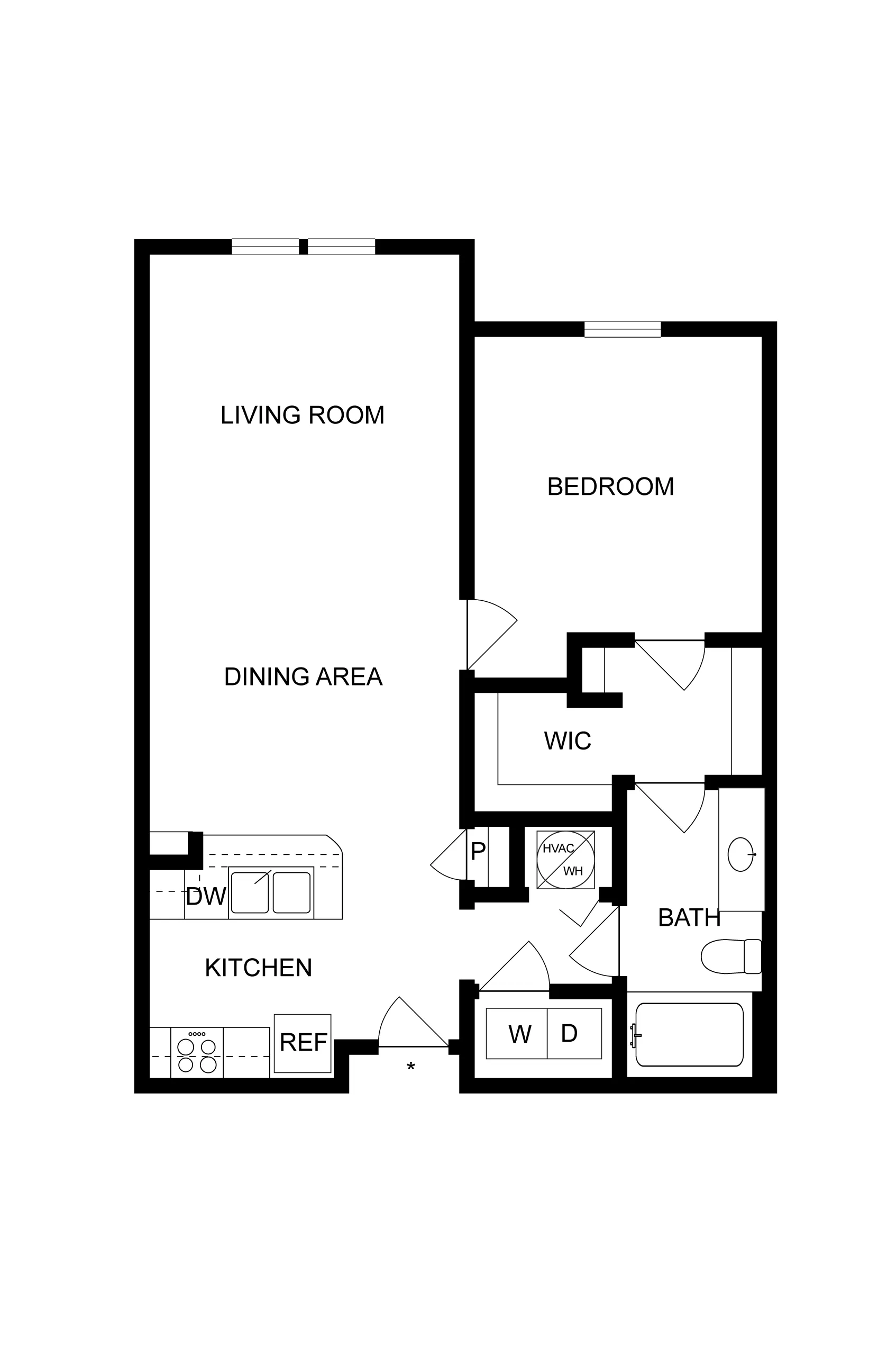 Modern 1-bedroom floor plan featuring an open-concept living room and dining area, a spacious kitchen, and a walk-in closet.