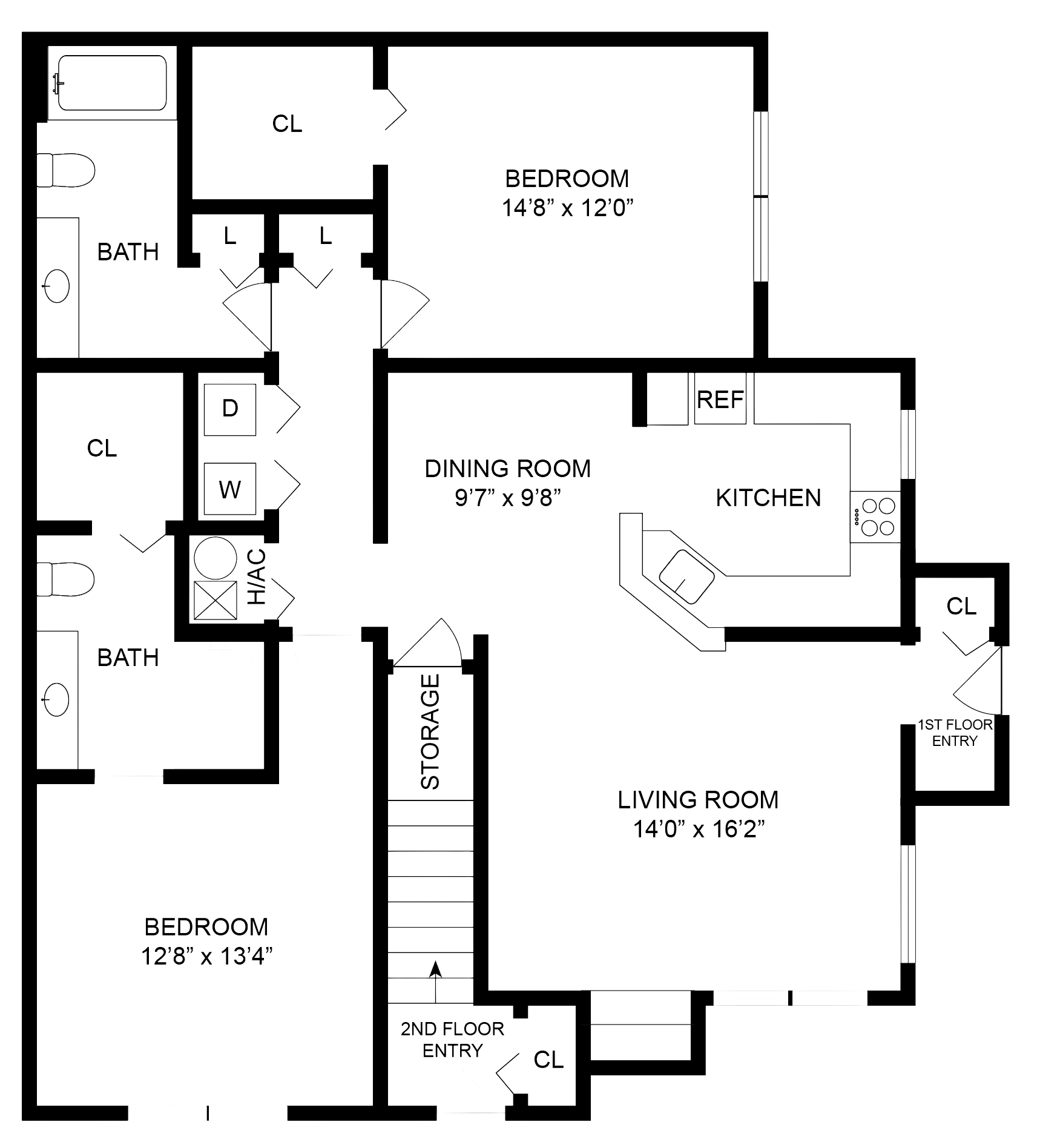 Modern floor plan showcasing spacious open-concept living area, sleek kitchen layout, and two bathrooms.