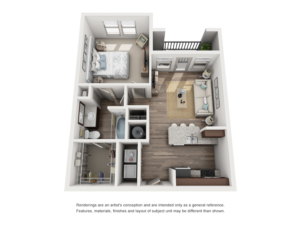 3D floor plan of a modern apartment featuring a spacious living room, kitchen with breakfast bar, cozy bedroom, and bathroom with bathtub.
