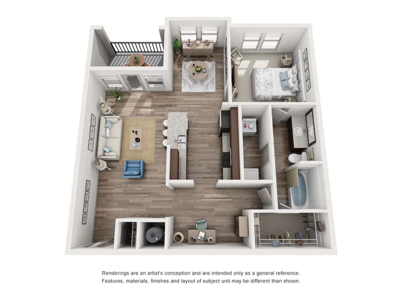 3D floor plan of a modern one-bedroom apartment with open living room, kitchen, balcony, and bathroom.