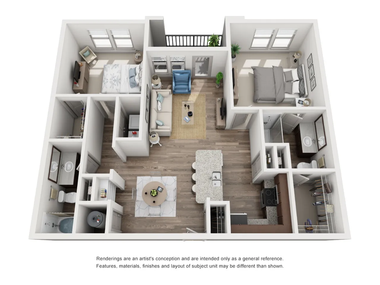 3D floor plan of a contemporary 2-bedroom apartment with spacious layout and modern amenities.