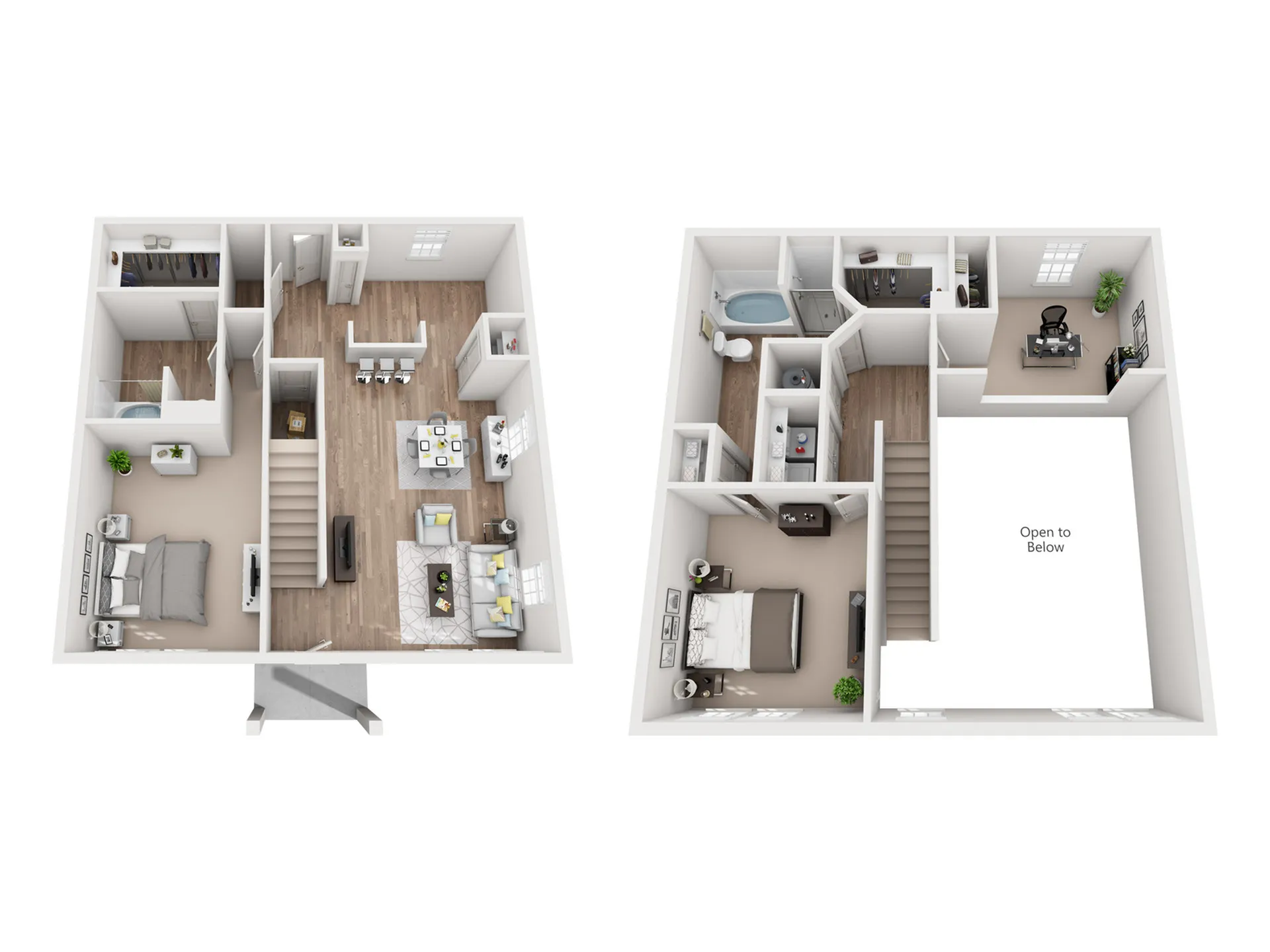 3D floor plan of a chic two-story apartment featuring modern living areas and a home office.